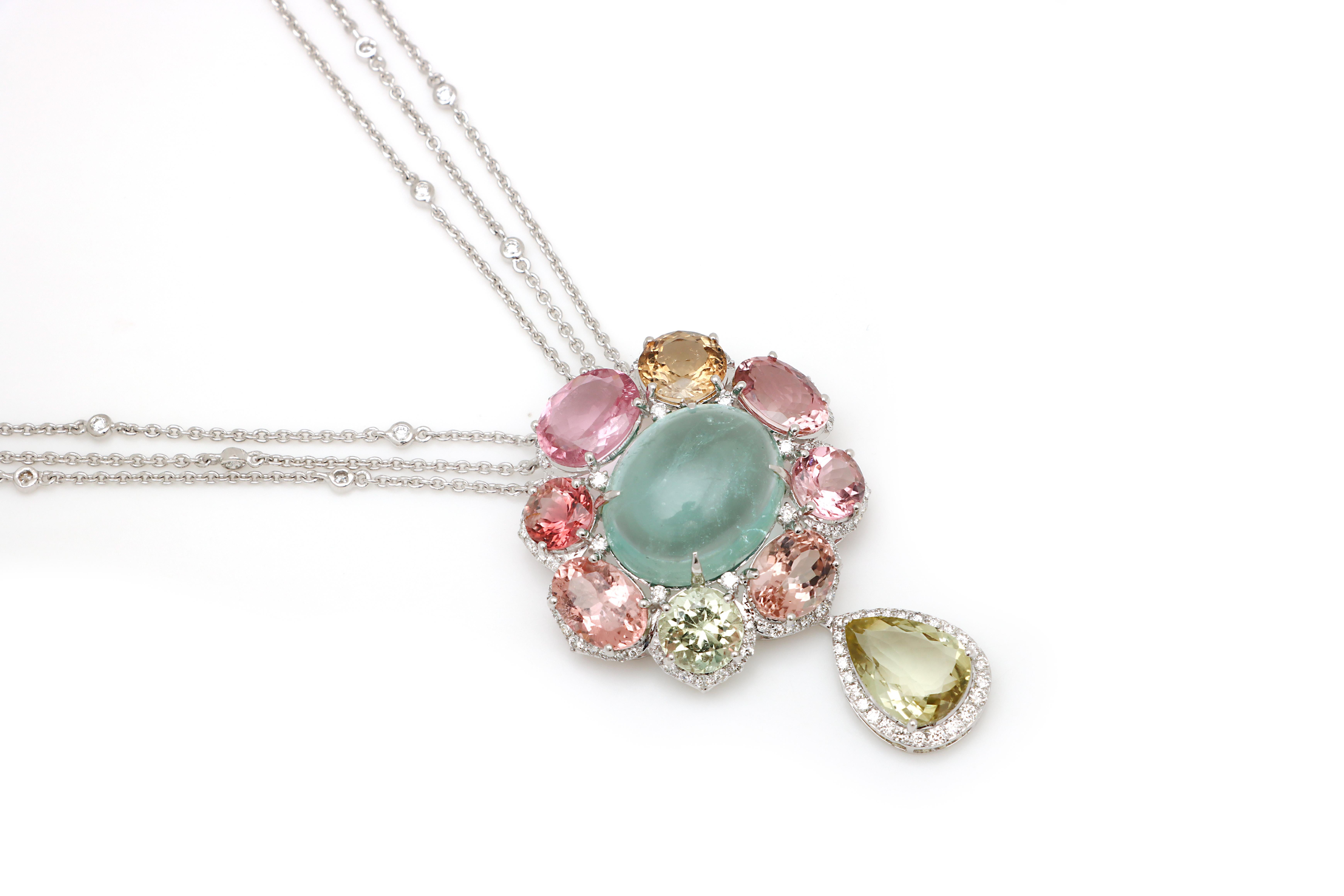 Item code - nfjsd-1466 

Metal Purity - 18k White Gold

Gemstone - Tourmaline

Total Gemstone Weight - 43.16 cts

Total Diamond Weight - 2.25 cts 

Total Diamond PCS - 218 

Gross Weight - 30.65 gm