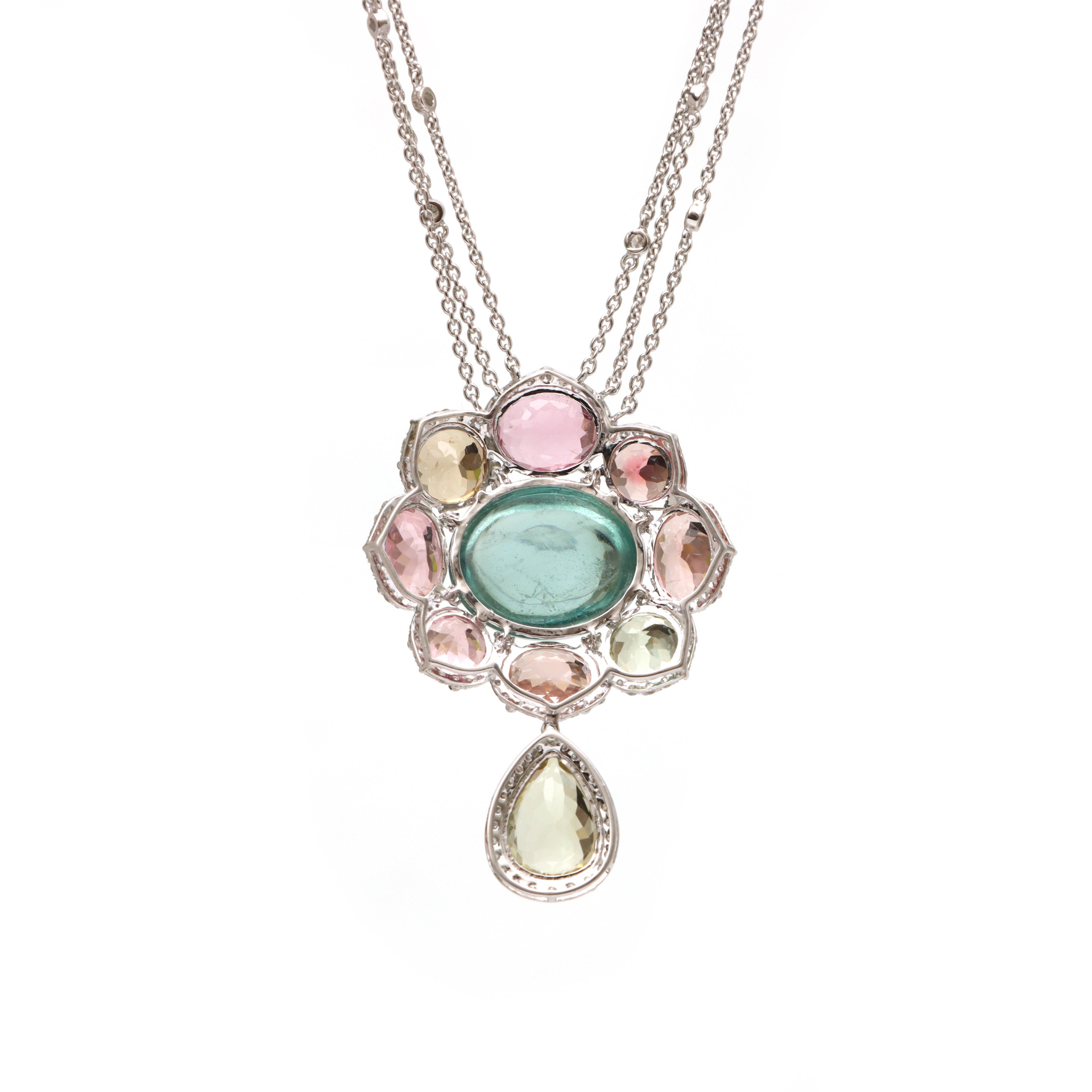 Cabochon 18k White Gold Pink Tourmaline Necklace Tourmaline Diamond Pendant For Her For Sale