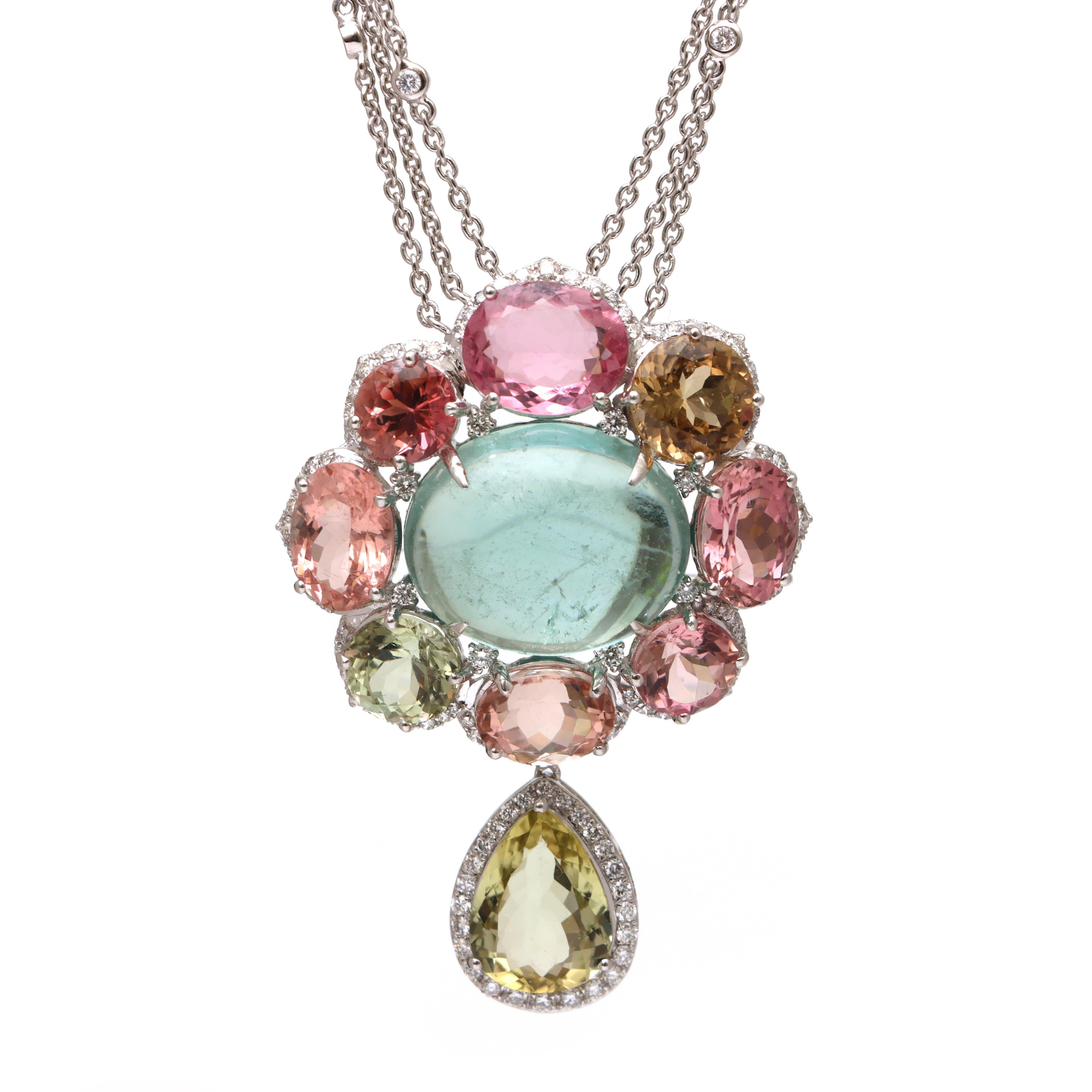 18k White Gold Pink Tourmaline Necklace Tourmaline Diamond Pendant For Her In New Condition For Sale In Jaipur, IN