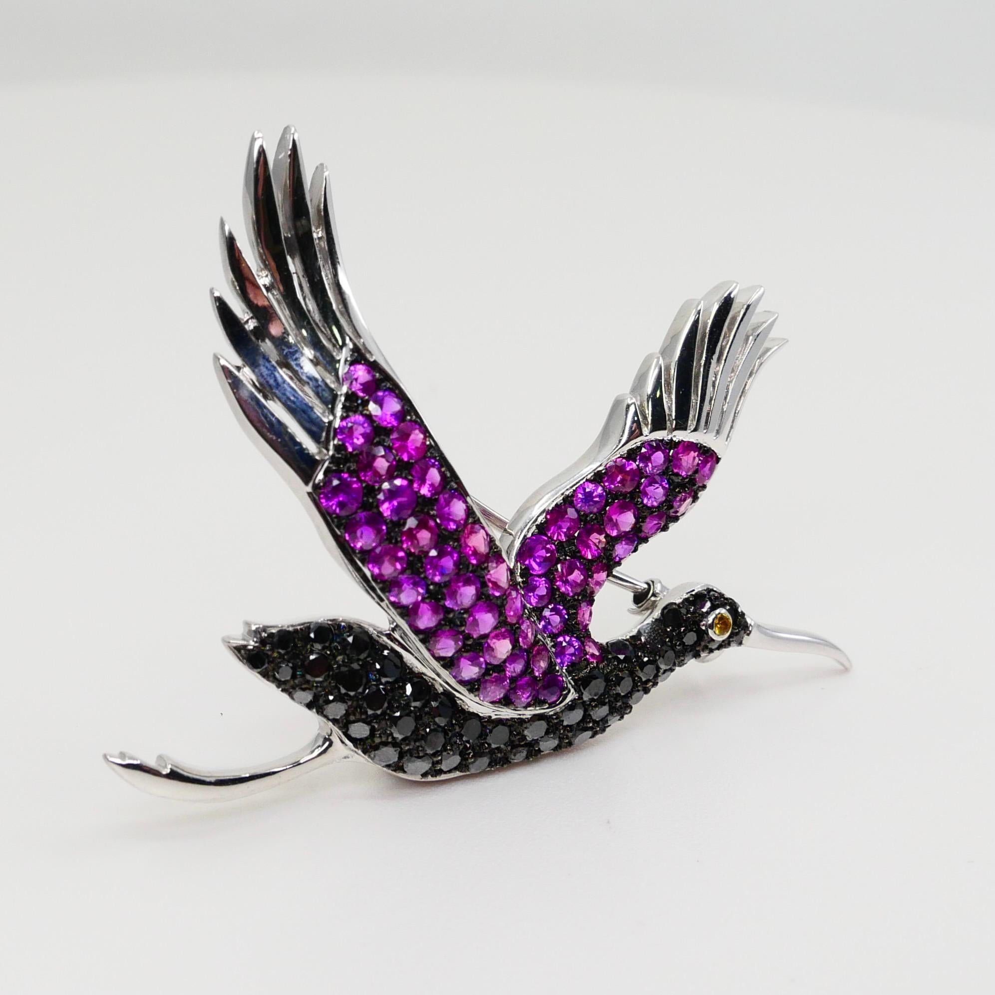 18k White Gold Pink & Yellow Sapphires, Black Diamond Stork Brooch For Sale 7