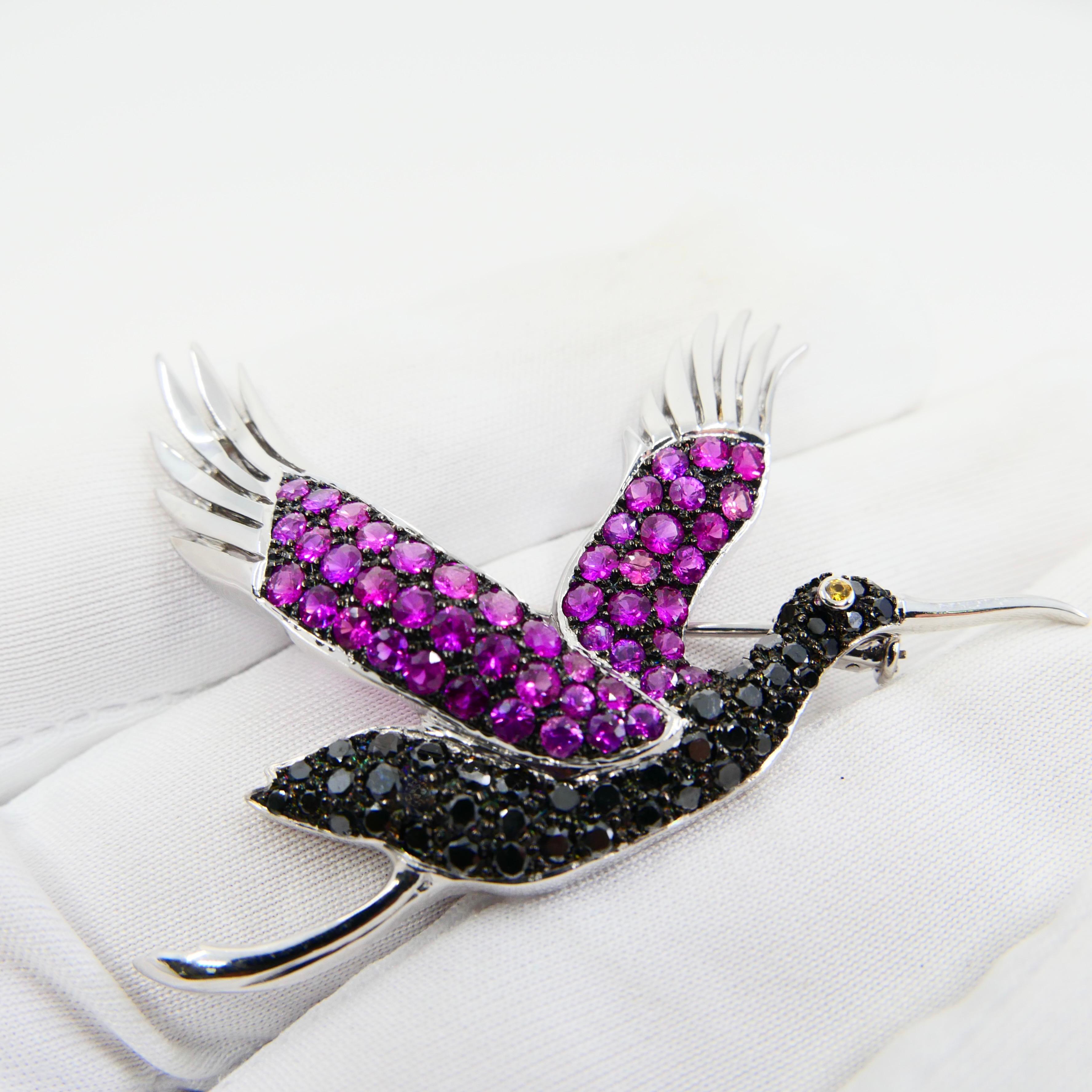 Round Cut 18k White Gold Pink & Yellow Sapphires, Black Diamond Stork Brooch For Sale