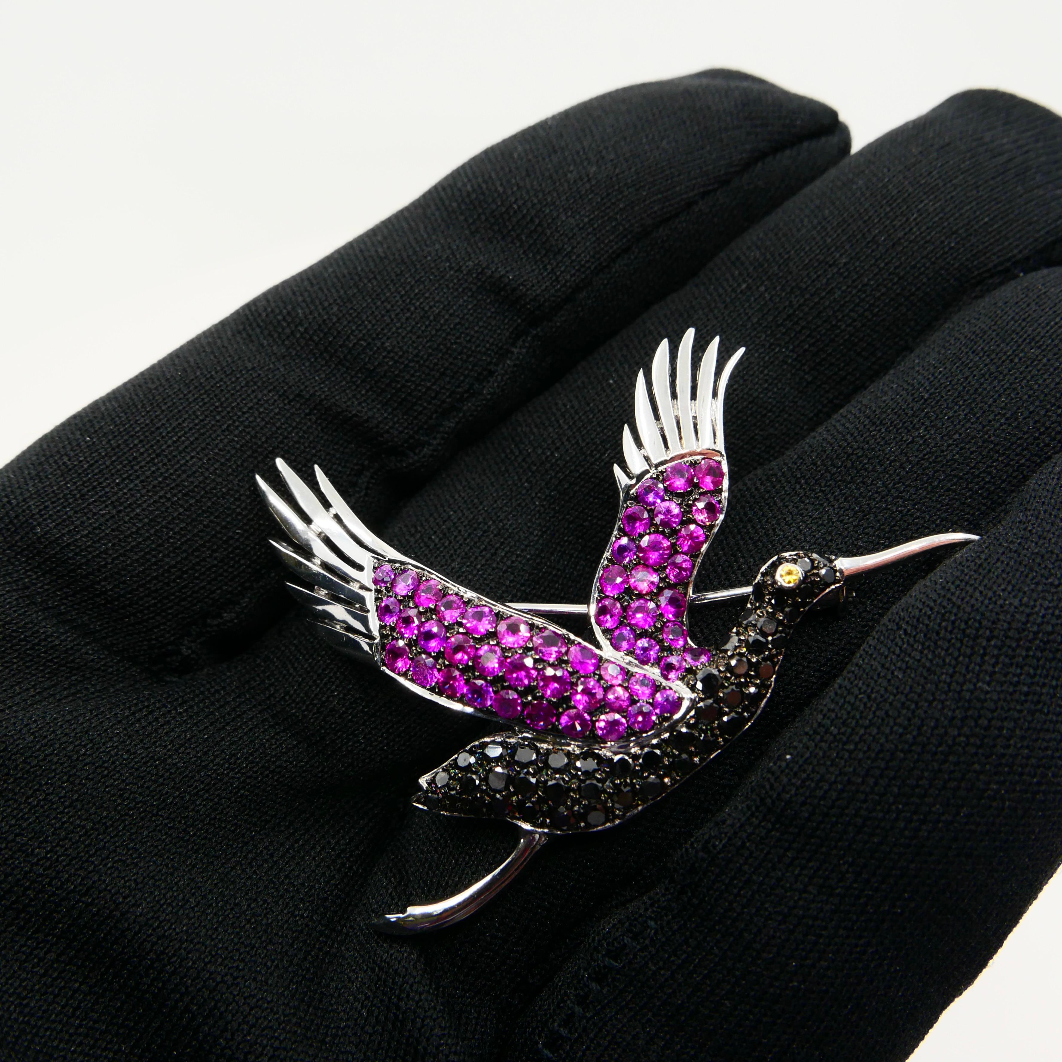 18k White Gold Pink & Yellow Sapphires, Black Diamond Stork Brooch In New Condition For Sale In Hong Kong, HK