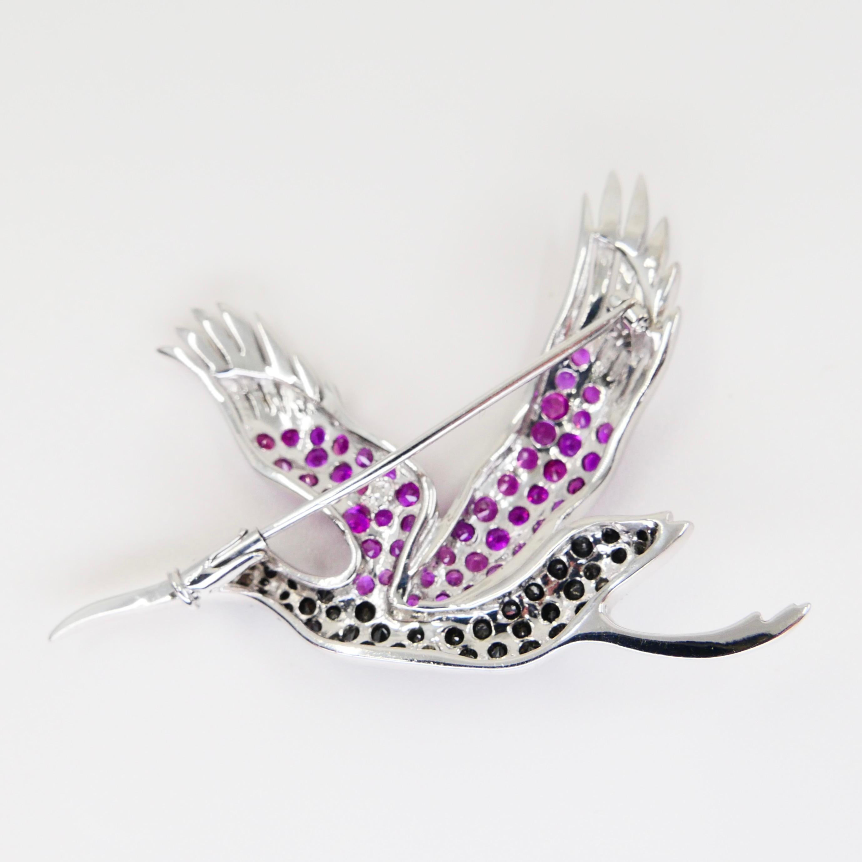 18k White Gold Pink & Yellow Sapphires, Black Diamond Stork Brooch For Sale 2