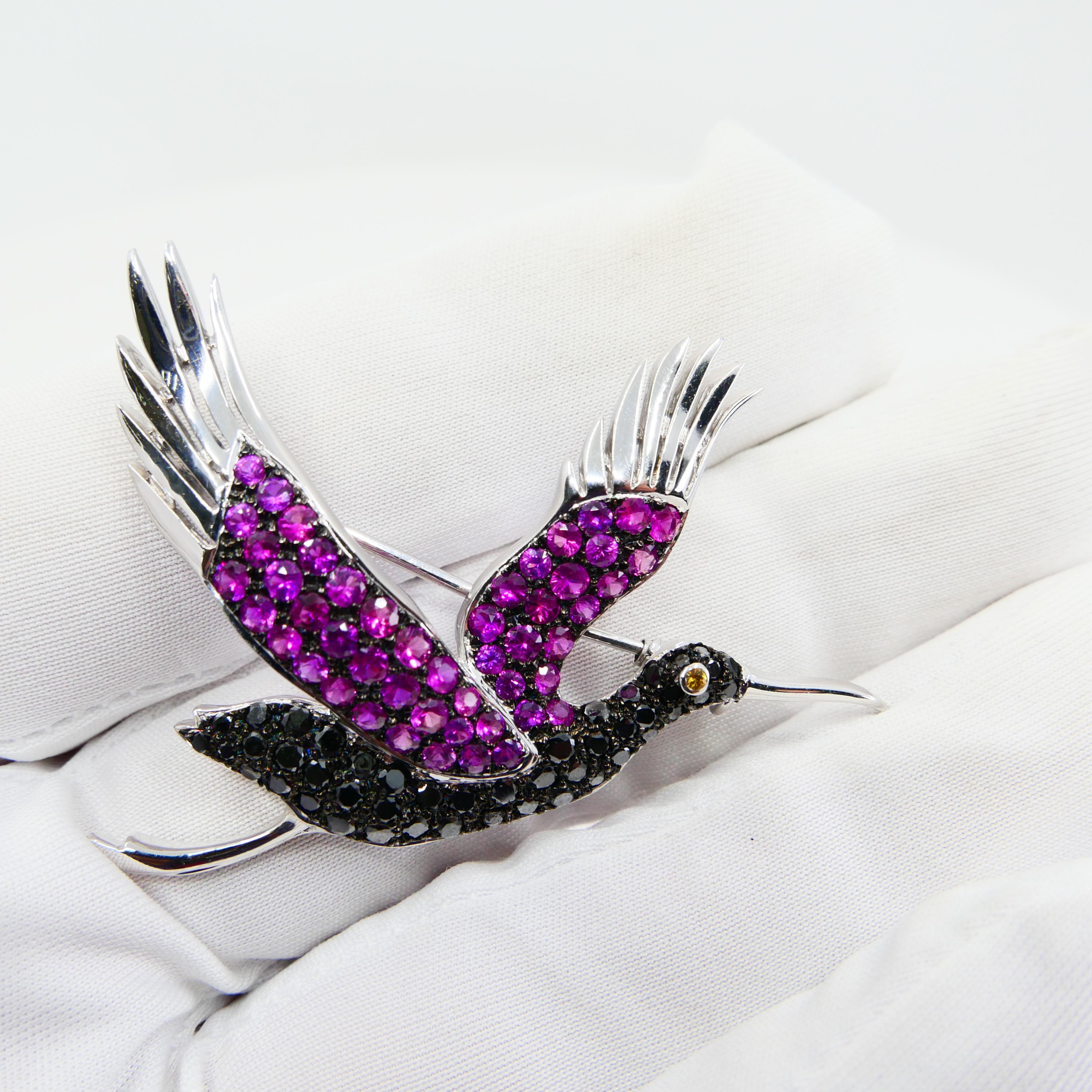 18k White Gold Pink & Yellow Sapphires, Black Diamond Stork Brooch For Sale 3