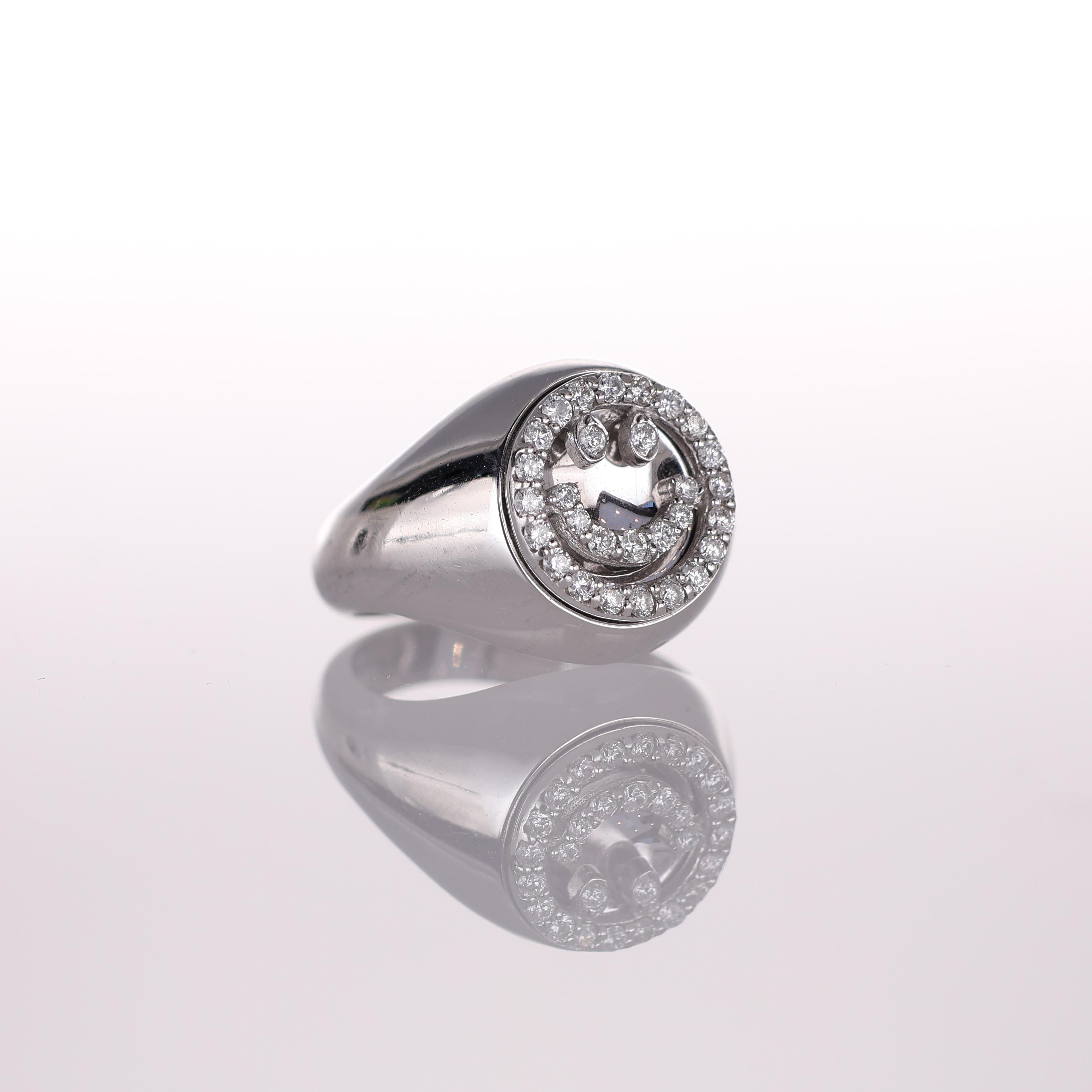 Brilliant Cut 18K White Gold Pinky Ring with Diamond Smile Motif For Sale