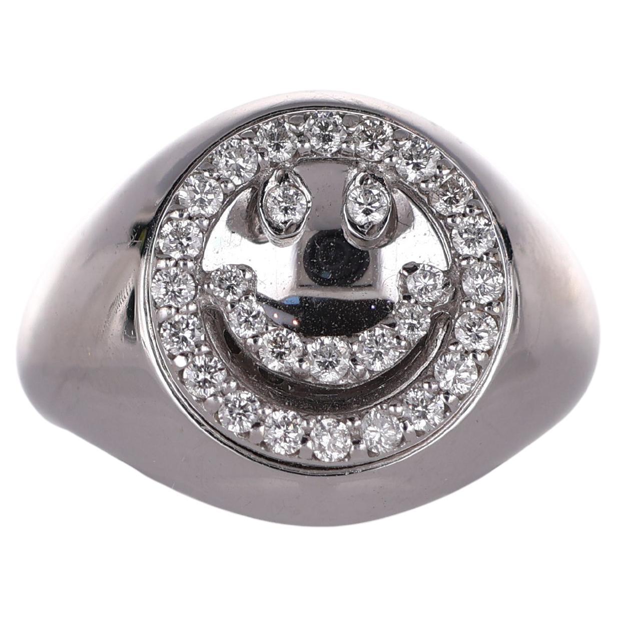 18K White Gold Pinky Ring with Diamond Smile Motif