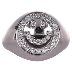 18K White Gold Pinky Ring with Diamond Smile Motif