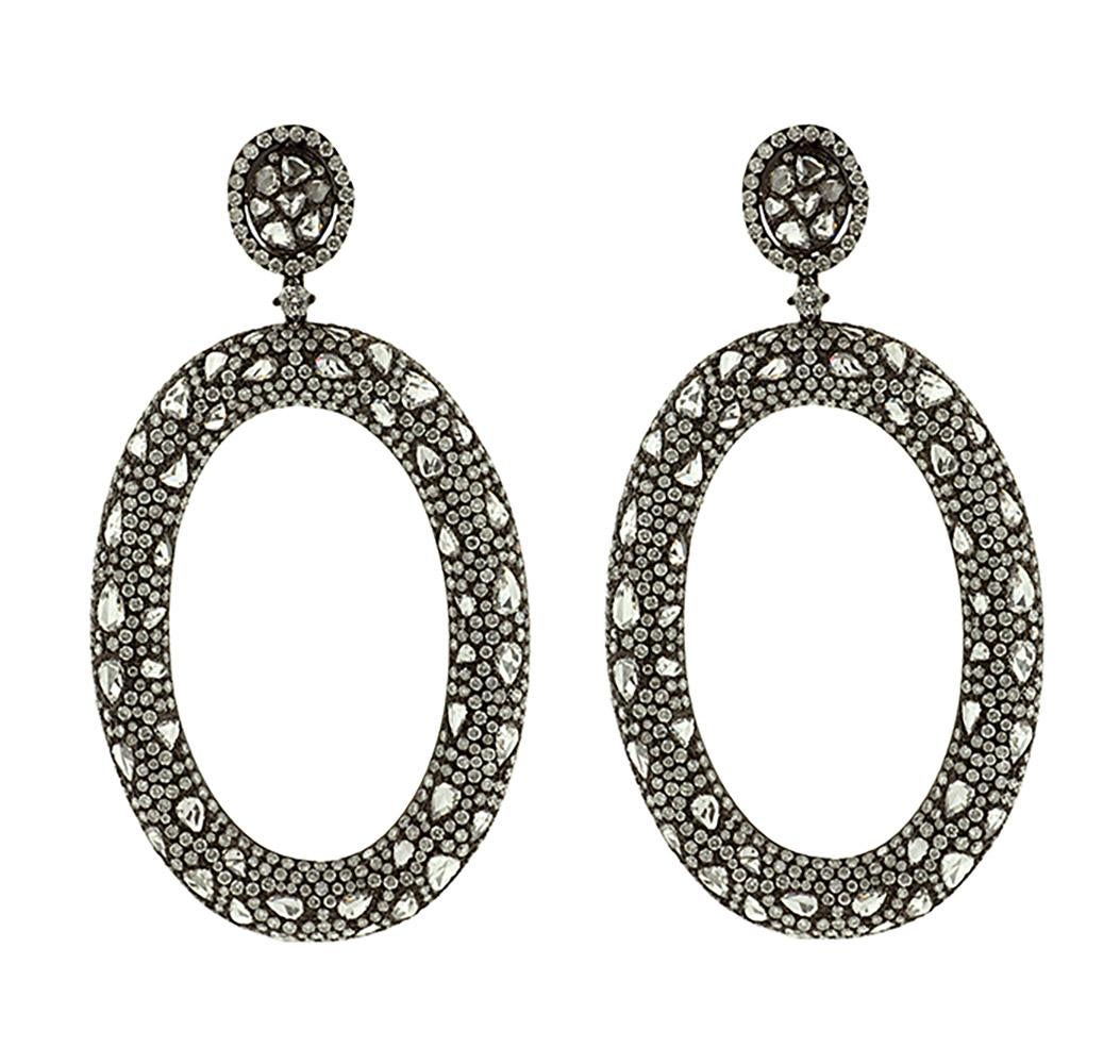 Round Cut 18K White Gold Plated Black Rhodium Rose Cut and Round Diamond Bagel Earrings For Sale