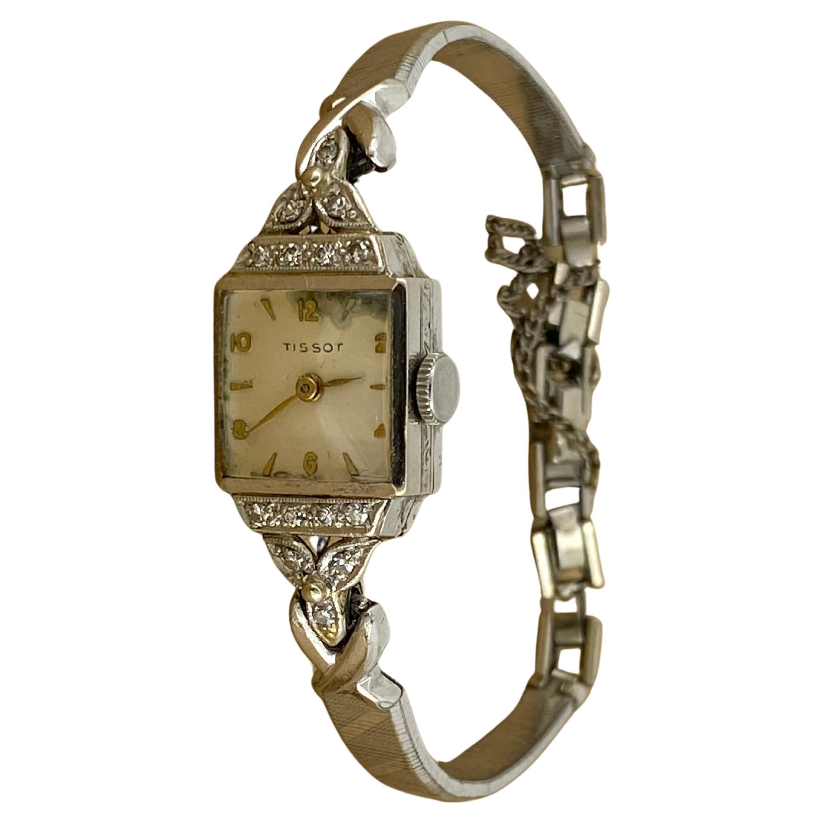 Montre-bracelet pour femmes Tissot rétro des années 1960, en or blanc 18 carats, platine et diamants en vente