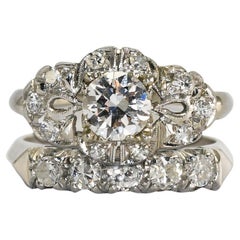 Ensemble de bague de mariage vintage en or blanc 18 carats et platine avec diamants
