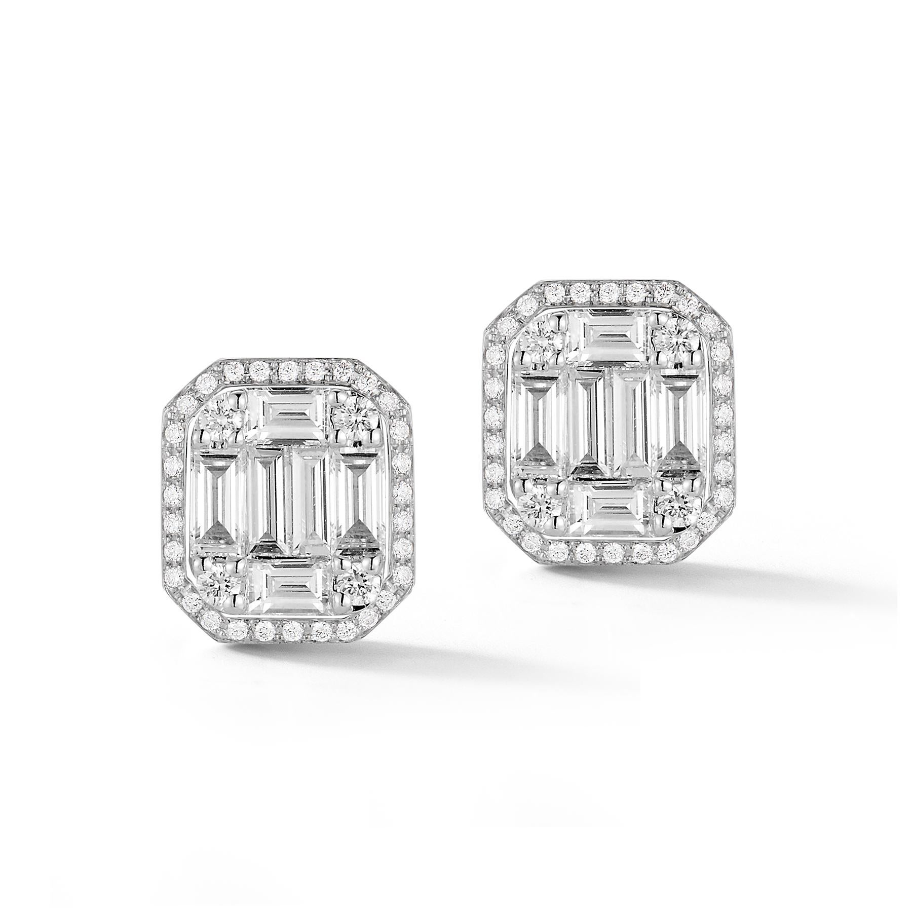 Beautiful 18K White Gold Polygon-Shaped Earrings with 68 round and 12 baguette flawless Diamonds. Total weight 1.40 Carats.