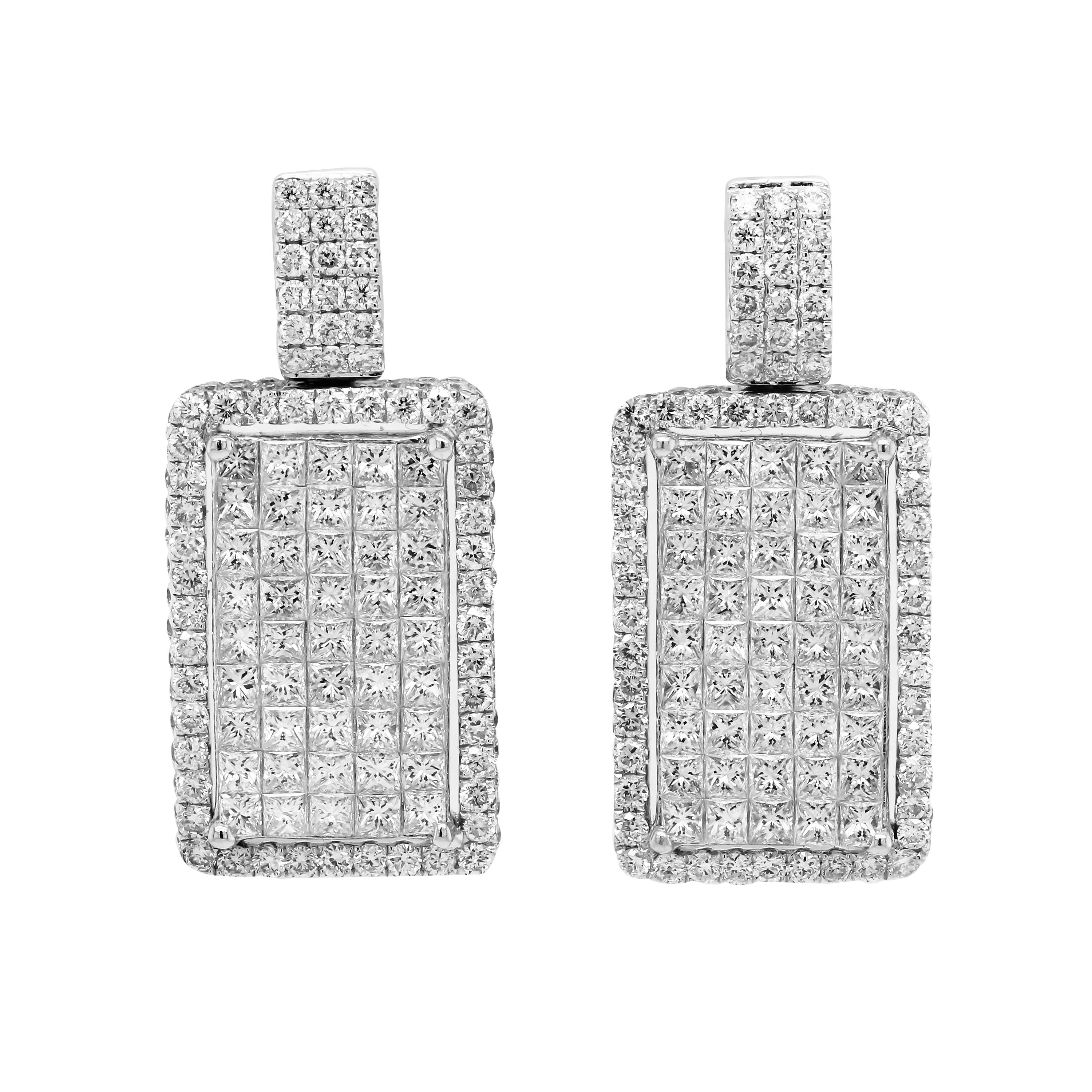 18 Karat White Gold Princess and Round Cut Diamond Drop Earrings In Excellent Condition For Sale In Boca Raton, FL