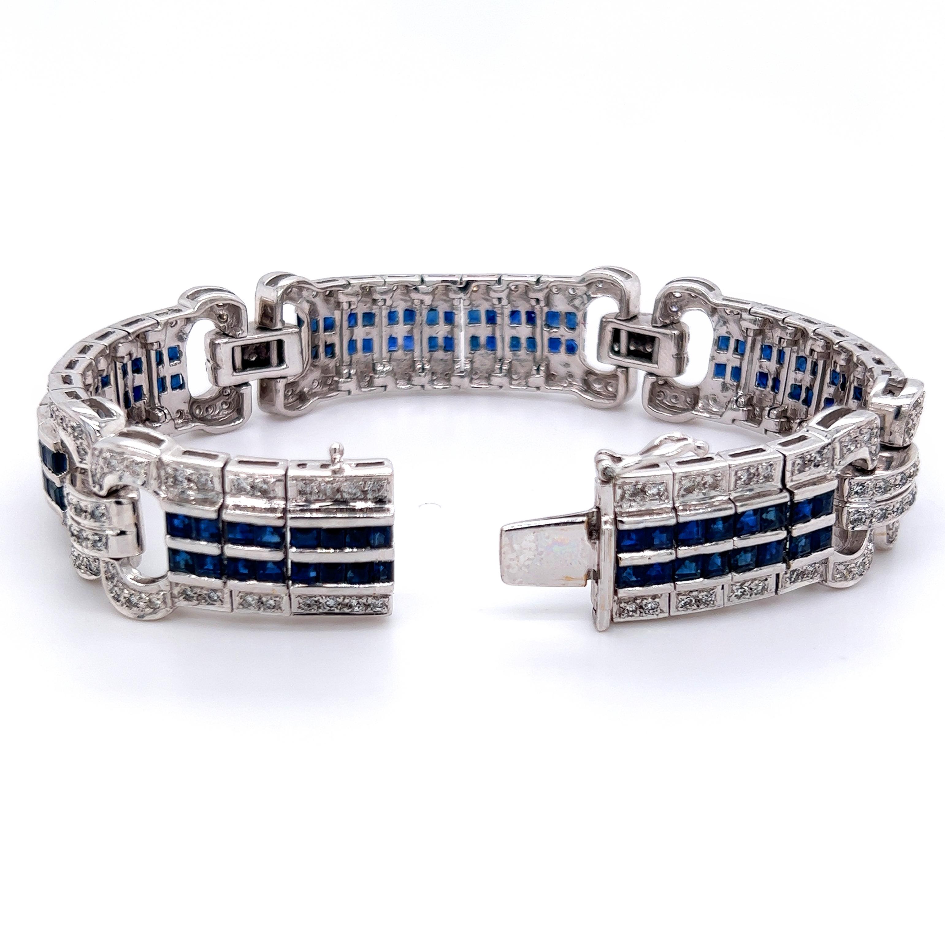 18K White Gold Princess Cut Blue Sapphire Diamond Bracelet In Excellent Condition In Boca Raton, FL