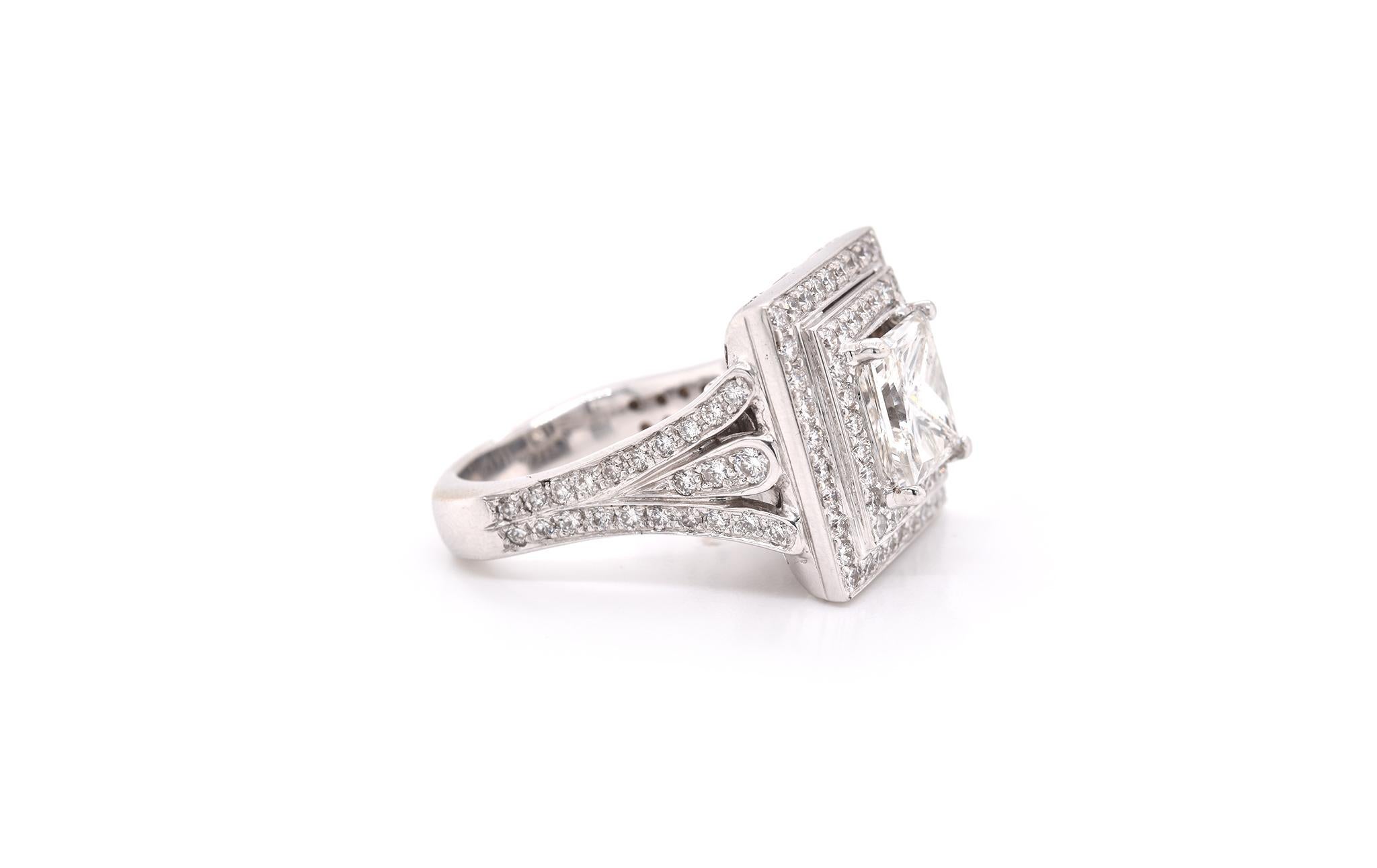 Material: 18k white gold
Center Diamond: 1 princess cut = 4.04cttw
Color: I
Clarity: SI2
Cert: GIA 2203324756
Accent Diamonds: 108 round brilliant cuts = 1.65cttw
Color: G
Clarity: VS
Ring Size: 7 ¼ (please allow up to 2 additional business days for
