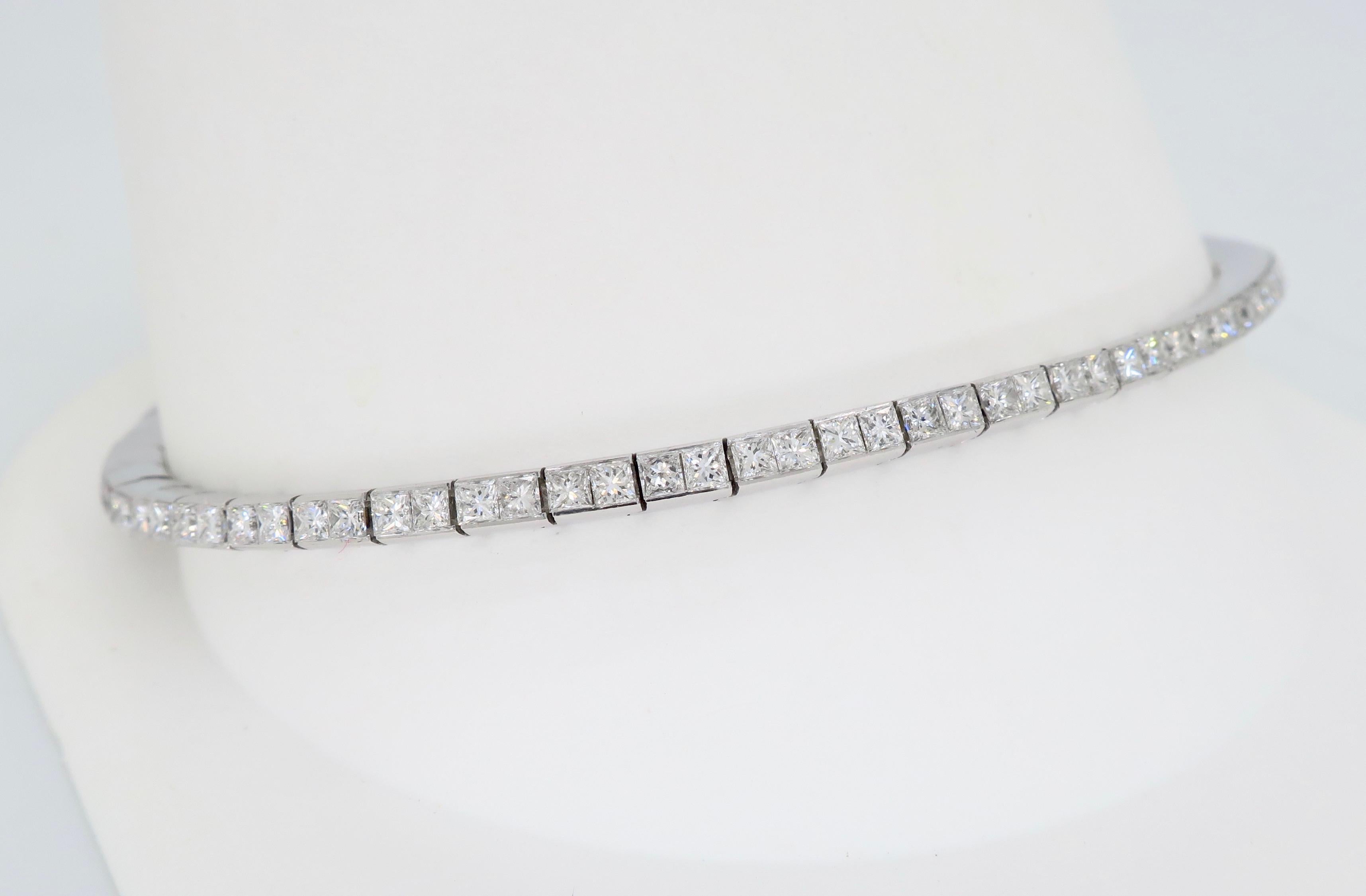 Women's or Men's 18 Karat White Gold Princess Cut Diamond Line Bracelet