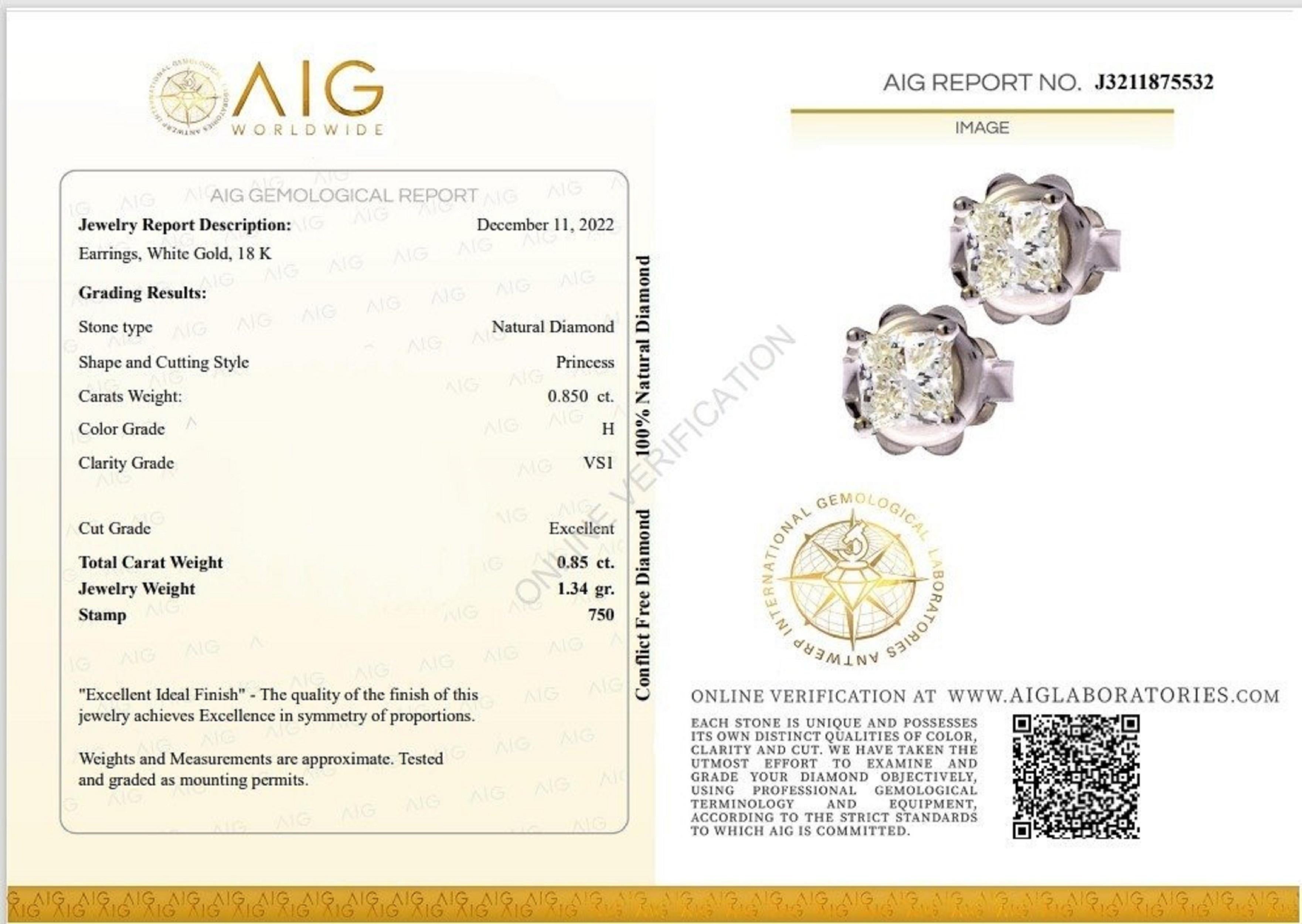 Princess Cut 18k White Gold Princess Stud Earrings with 0.85 ct Natural Diamonds AIG Cert