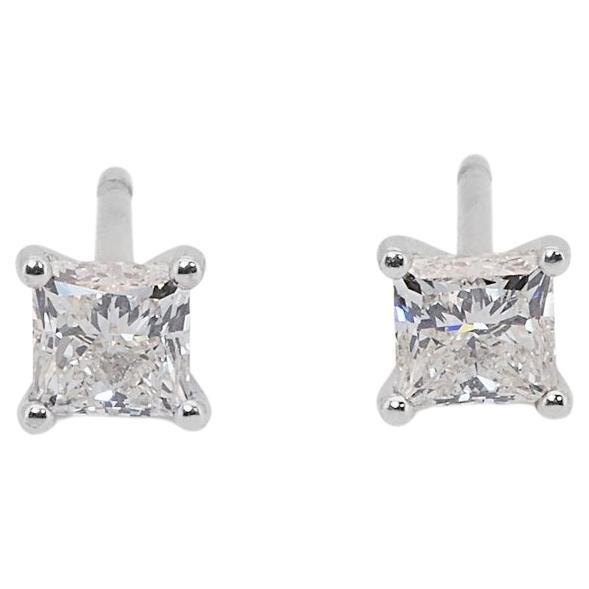 18k White Gold Princess Stud Earrings with 0.85 ct Natural Diamonds AIG Cert