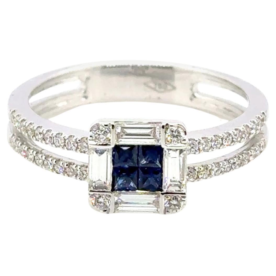 18k White Gold Princess‑Cut Sri Lankan Sapphire Cts 0.21 with Diamond Halo Ring For Sale