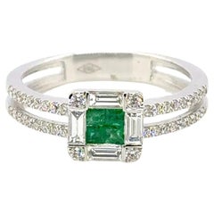 18k White Gold Princess‑Cut Zambian Emerald Cts 0.19 Diamond Engagement Ring