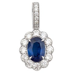 18K White Gold Prong-Set Natural Blue Sapphire & Diamond Cluster Halo Pendant