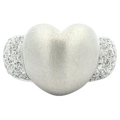18k White Gold Puffed Brushed Matte Finish Heart 0.70ctw Diamond Shoulders Ring