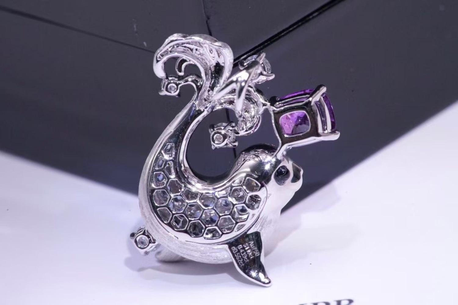 Cushion Cut 18K White Gold Purple 1.10CT Sapphire & Blue Sapphire Seal Pendant with Diamonds For Sale