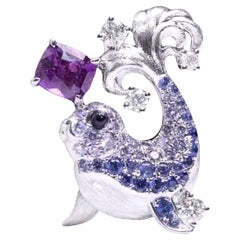 18K White Gold Purple 1.10CT Sapphire & Blue Sapphire Seal Pendant with Diamonds