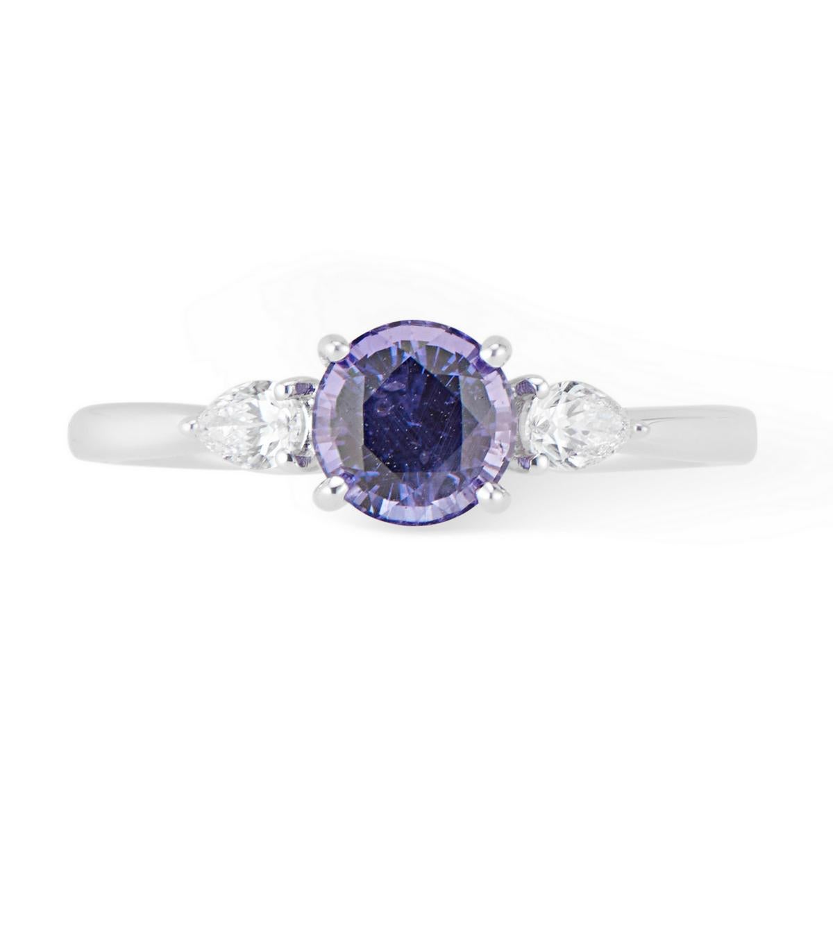 Round Cut 18 Karat White Gold Purple Sapphire 3-Stone Ring For Sale