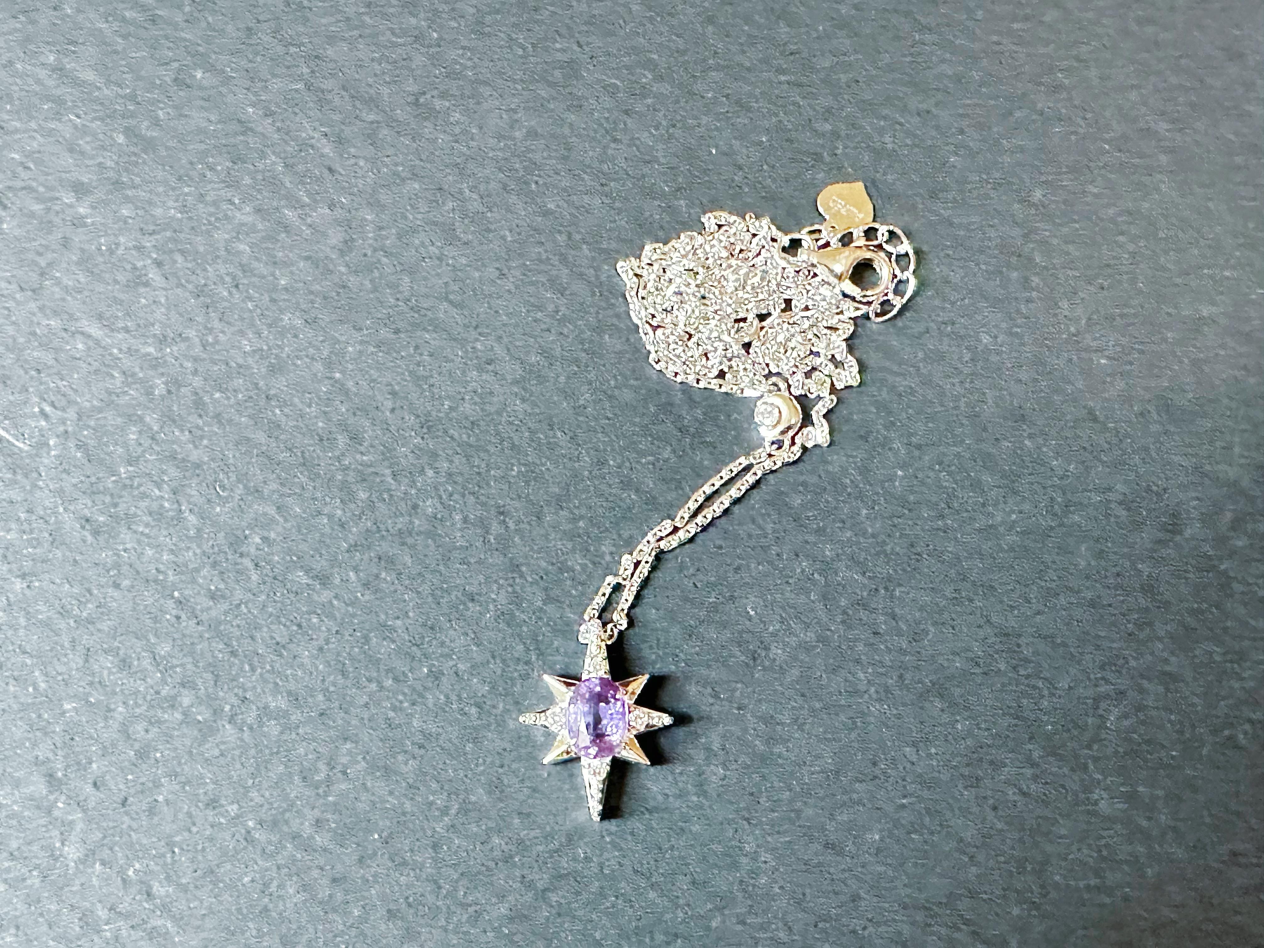 Pendentif étoile en or blanc 18K saphir violet diamant  - M&M certifiée naturelle. en vente 5