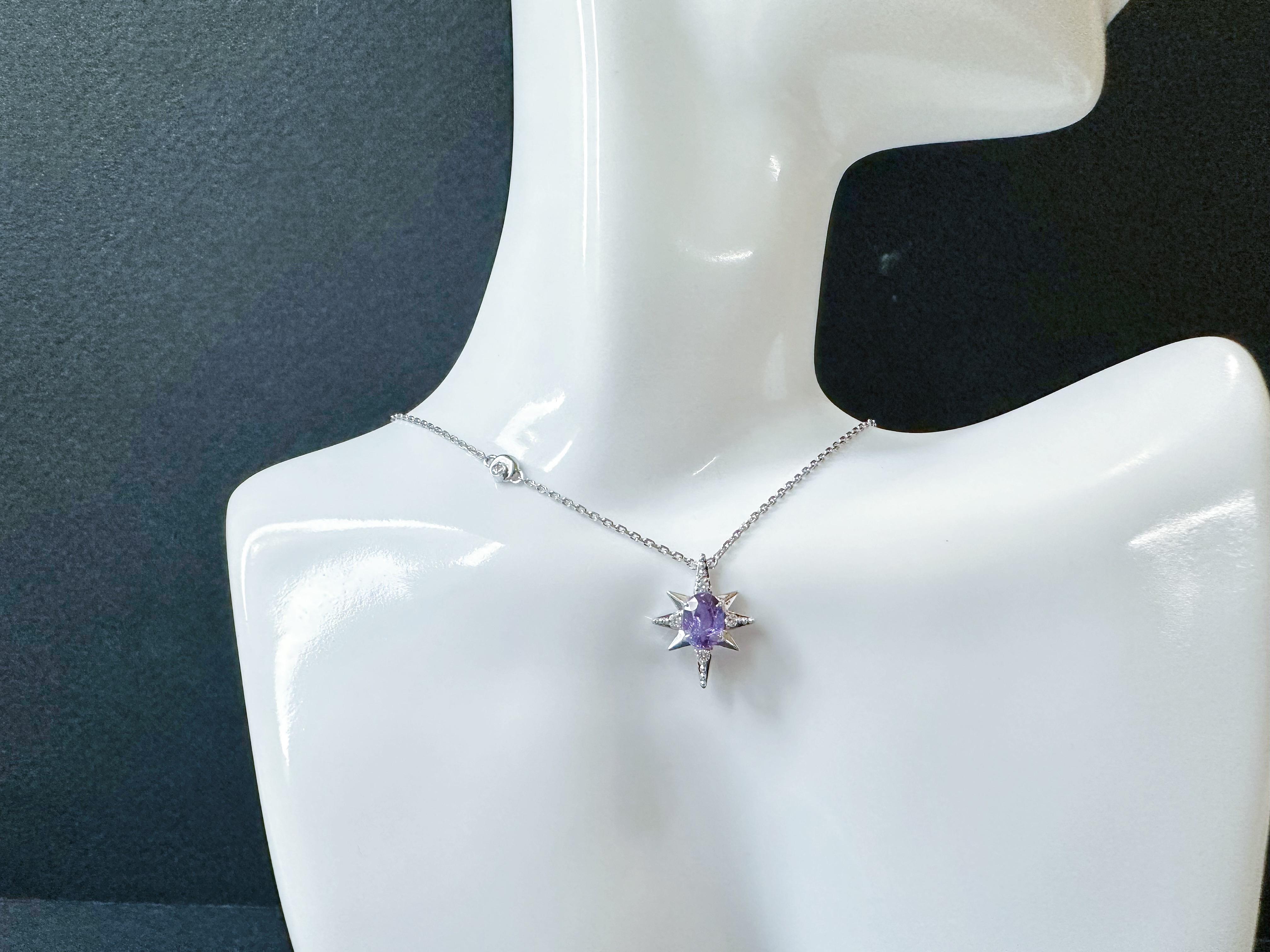 Pendentif étoile en or blanc 18K saphir violet diamant  - M&M certifiée naturelle. en vente 7