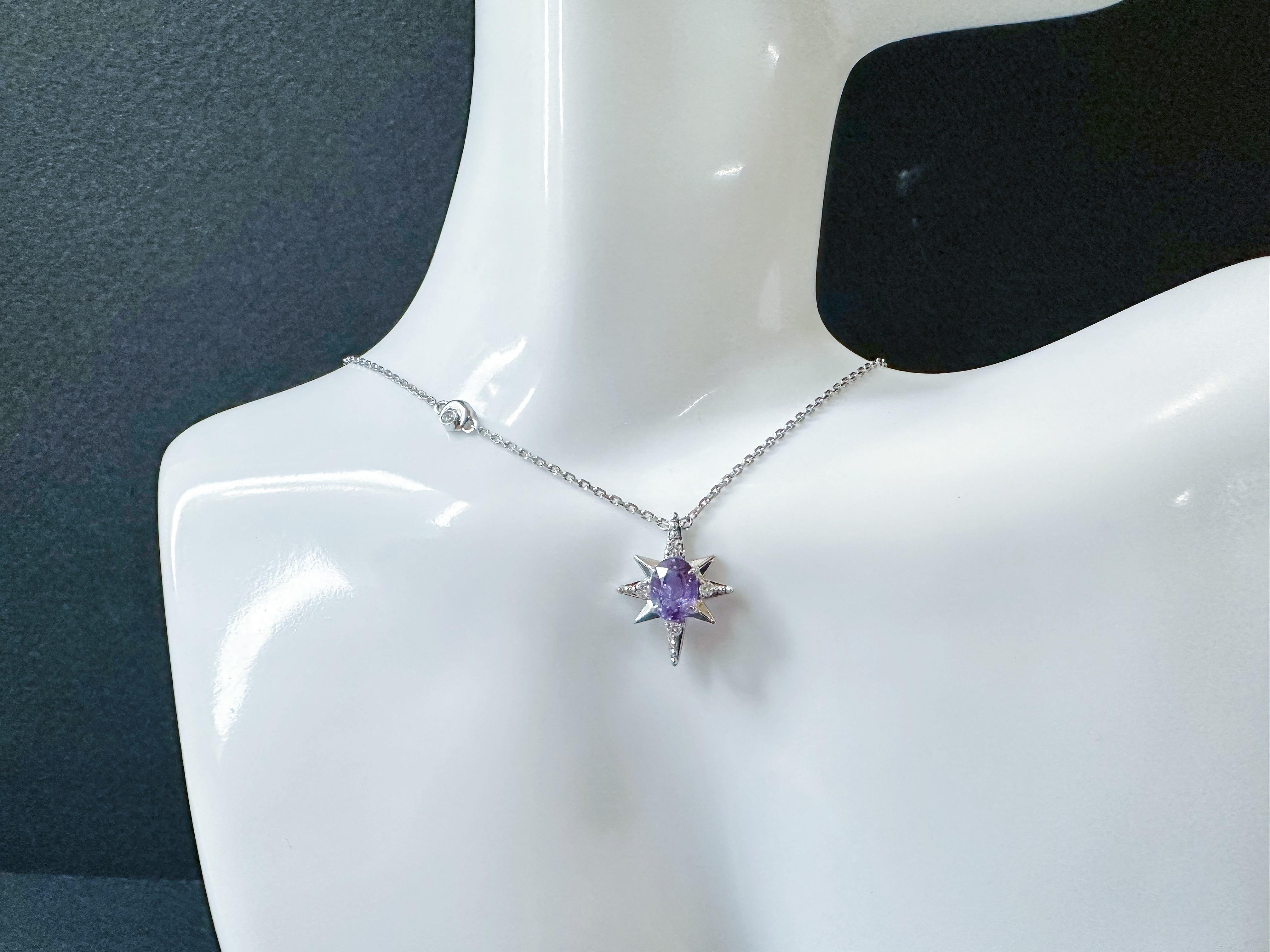 Pendentif étoile en or blanc 18K saphir violet diamant  - M&M certifiée naturelle. en vente 8