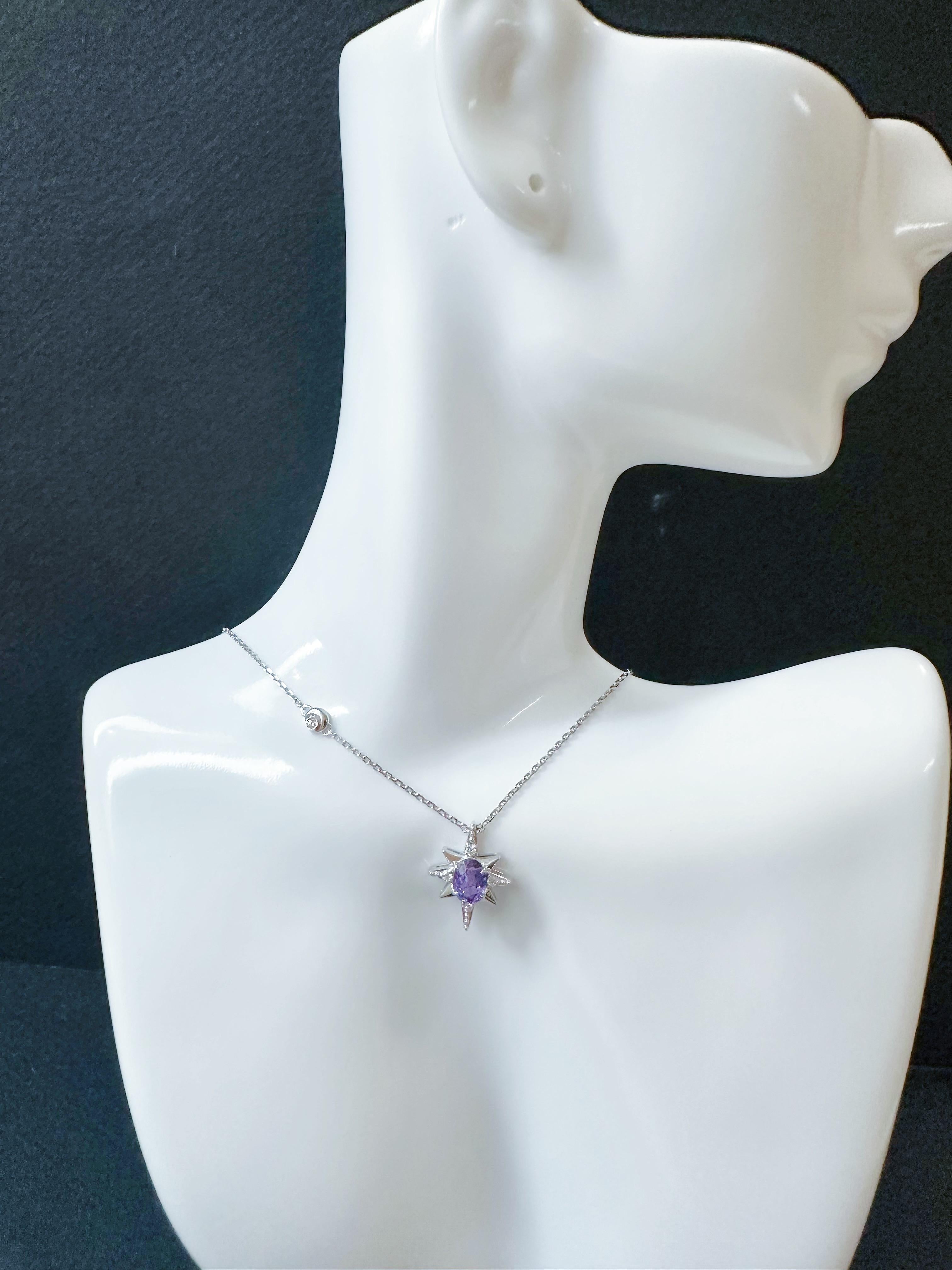 Pendentif étoile en or blanc 18K saphir violet diamant  - M&M certifiée naturelle. en vente 9