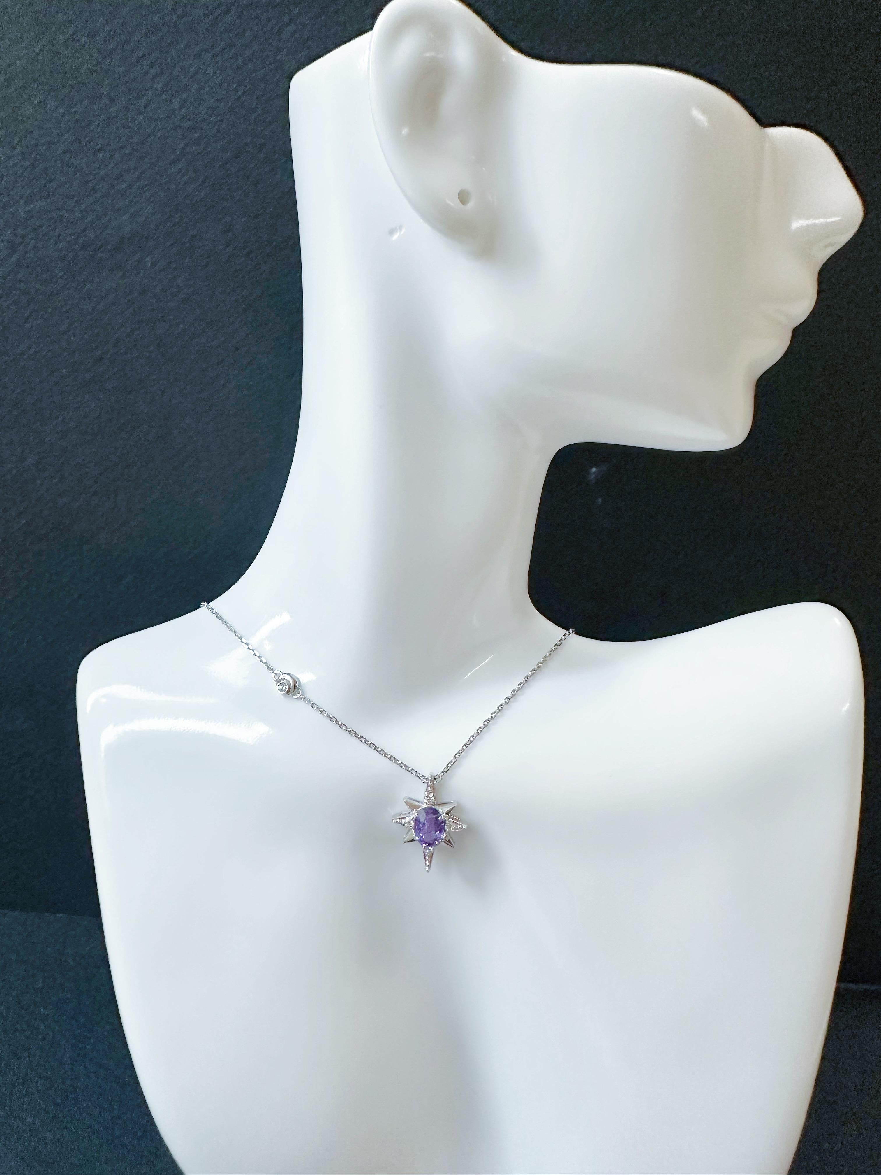 Pendentif étoile en or blanc 18K saphir violet diamant  - M&M certifiée naturelle. en vente 10