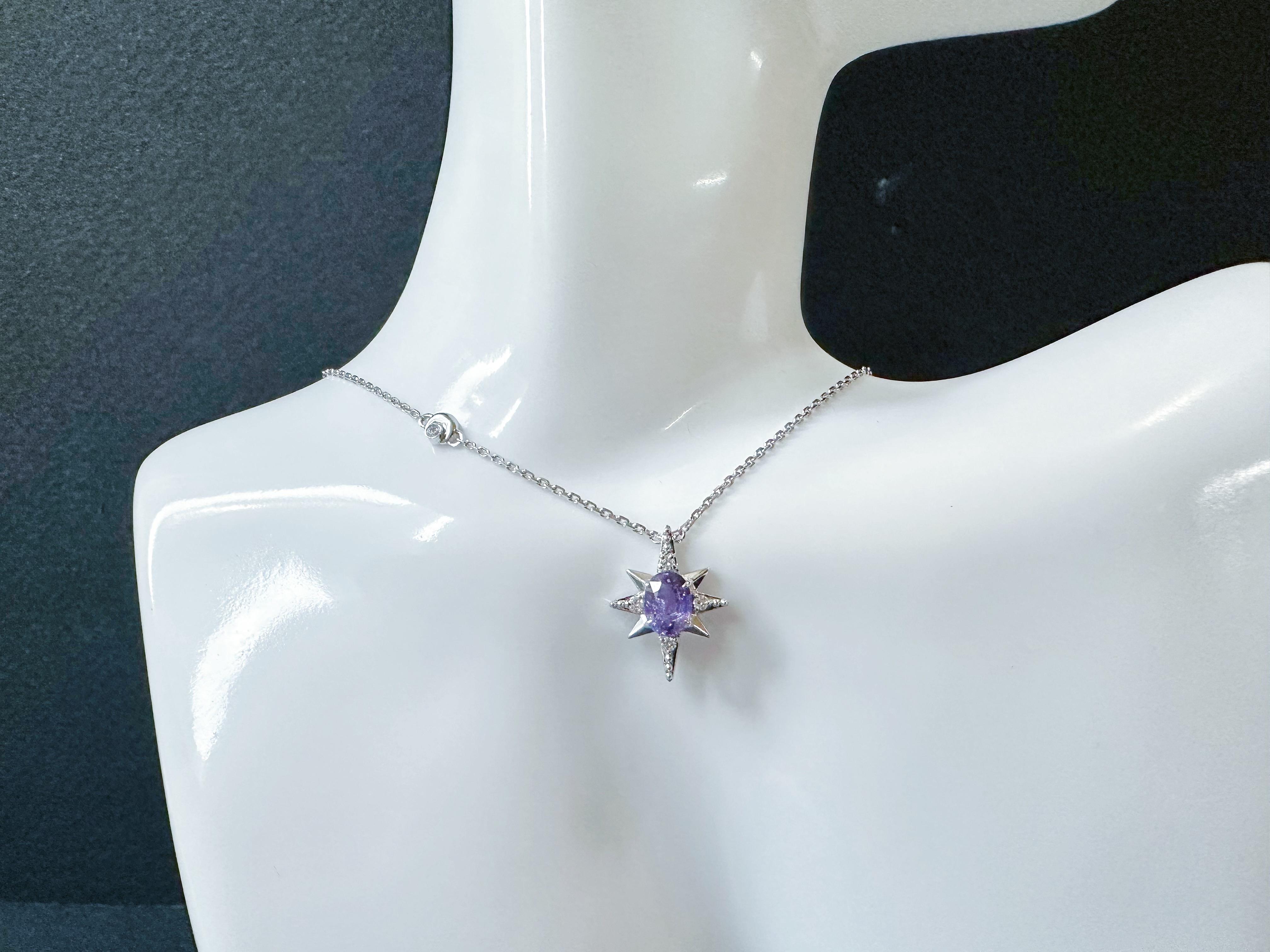 Pendentif étoile en or blanc 18K saphir violet diamant  - M&M certifiée naturelle. en vente 11
