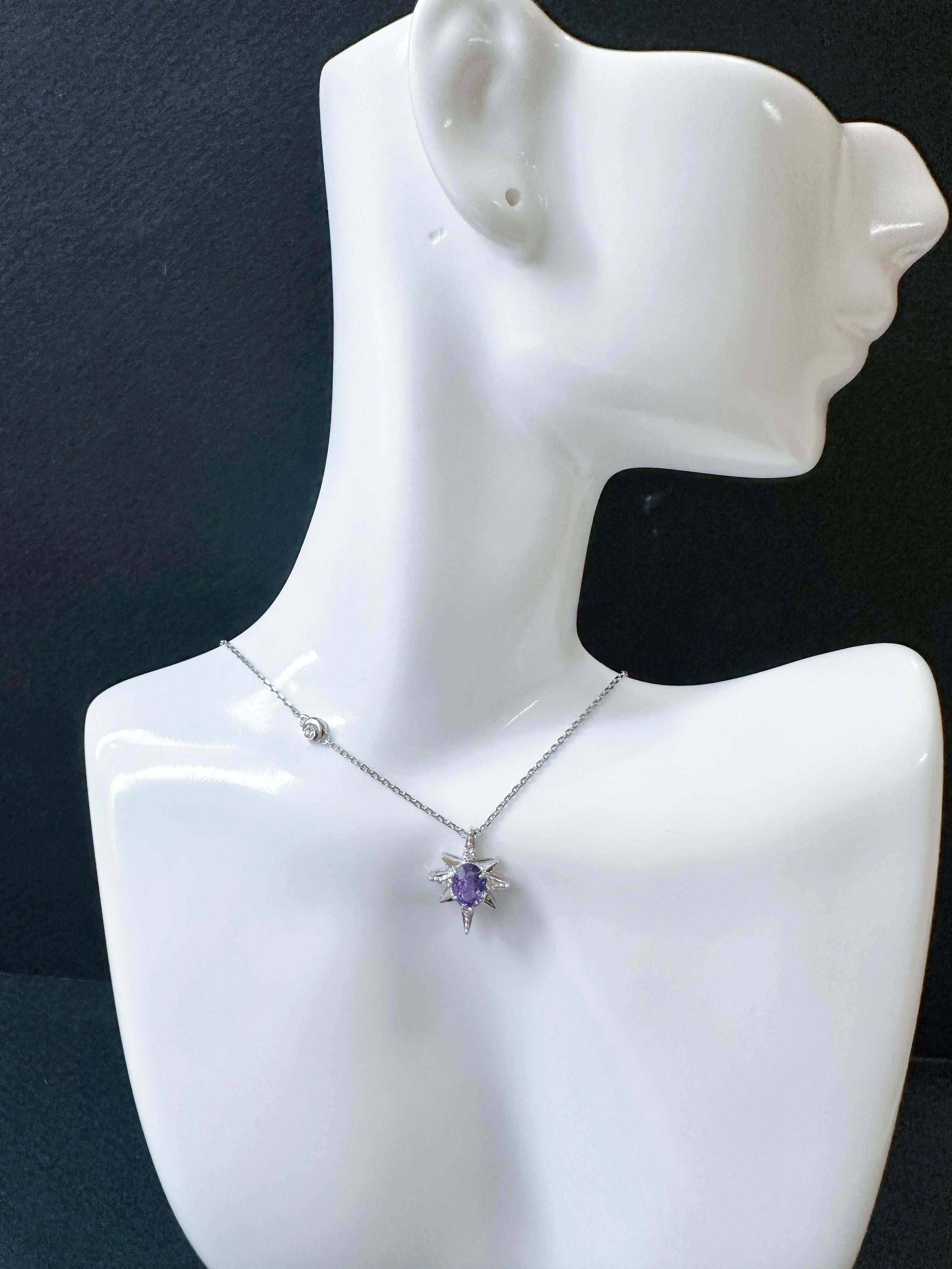 Pendentif étoile en or blanc 18K saphir violet diamant  - M&M certifiée naturelle. en vente 12