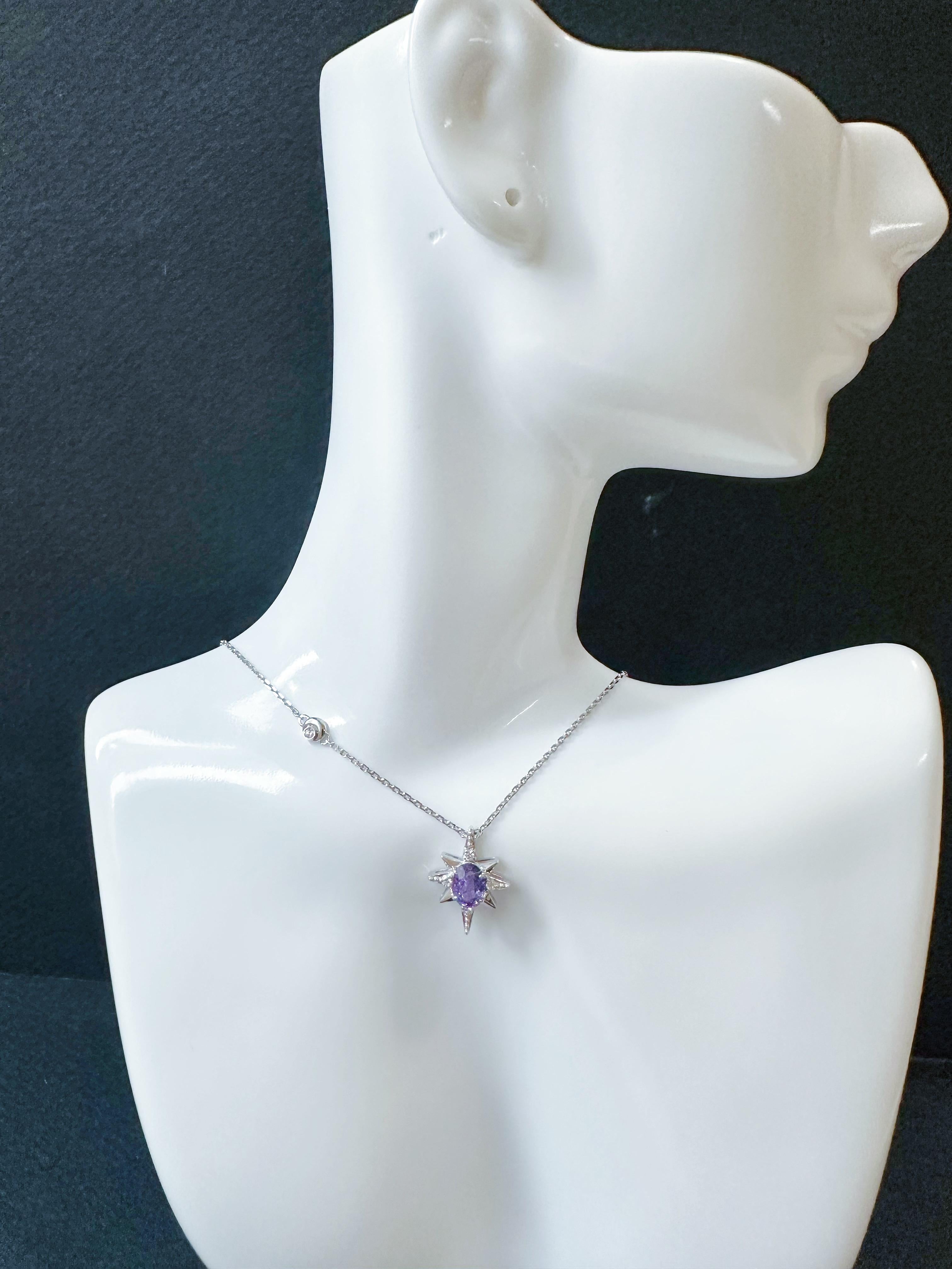 Pendentif étoile en or blanc 18K saphir violet diamant  - M&M certifiée naturelle. en vente 13