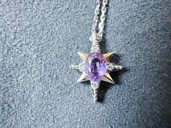 18K White Gold Purple Sapphire Diamond Star Shape Pendant  - Certified Natural M