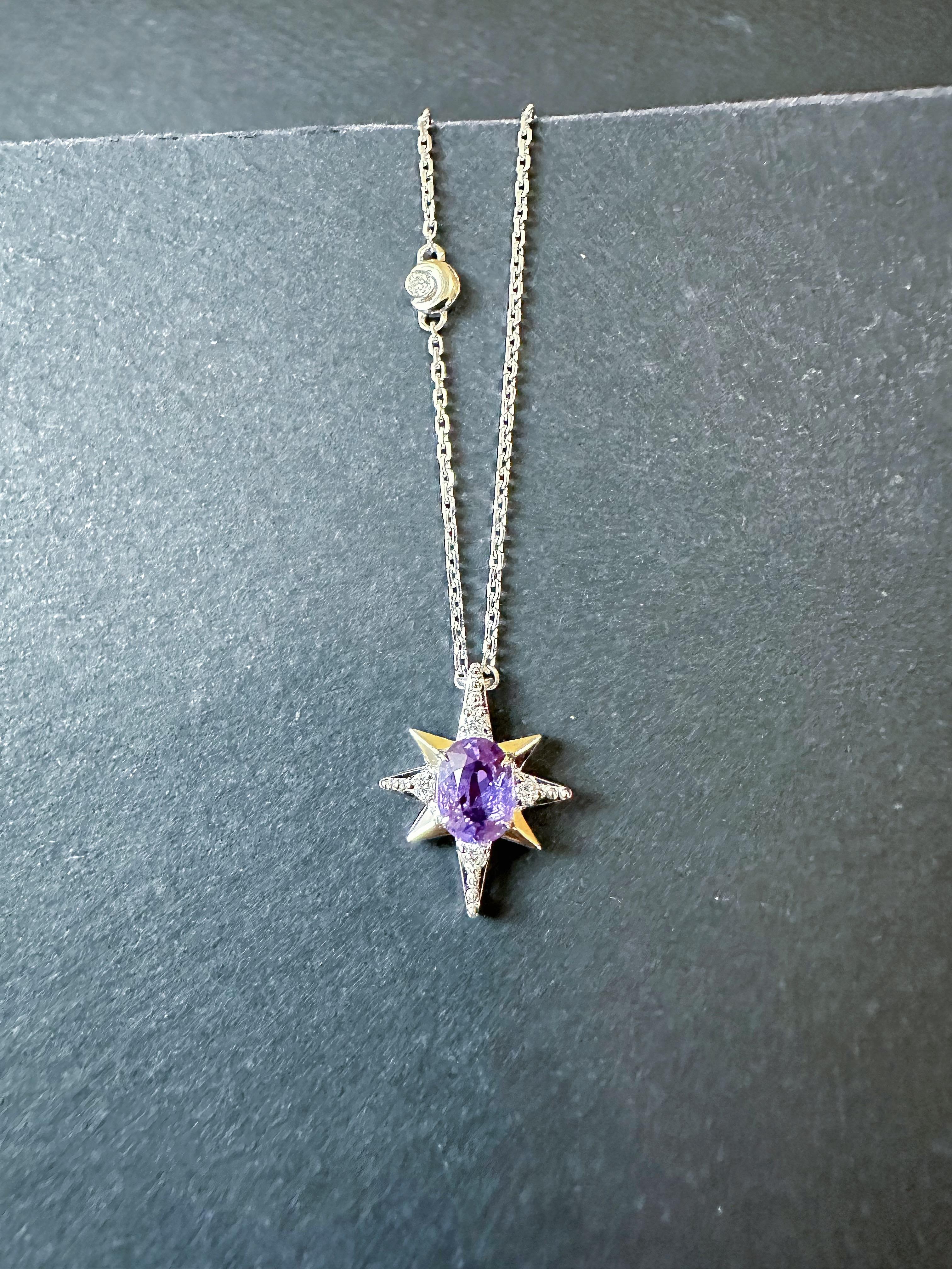 Taille ovale Pendentif étoile en or blanc 18K saphir violet diamant  - M&M certifiée naturelle. en vente