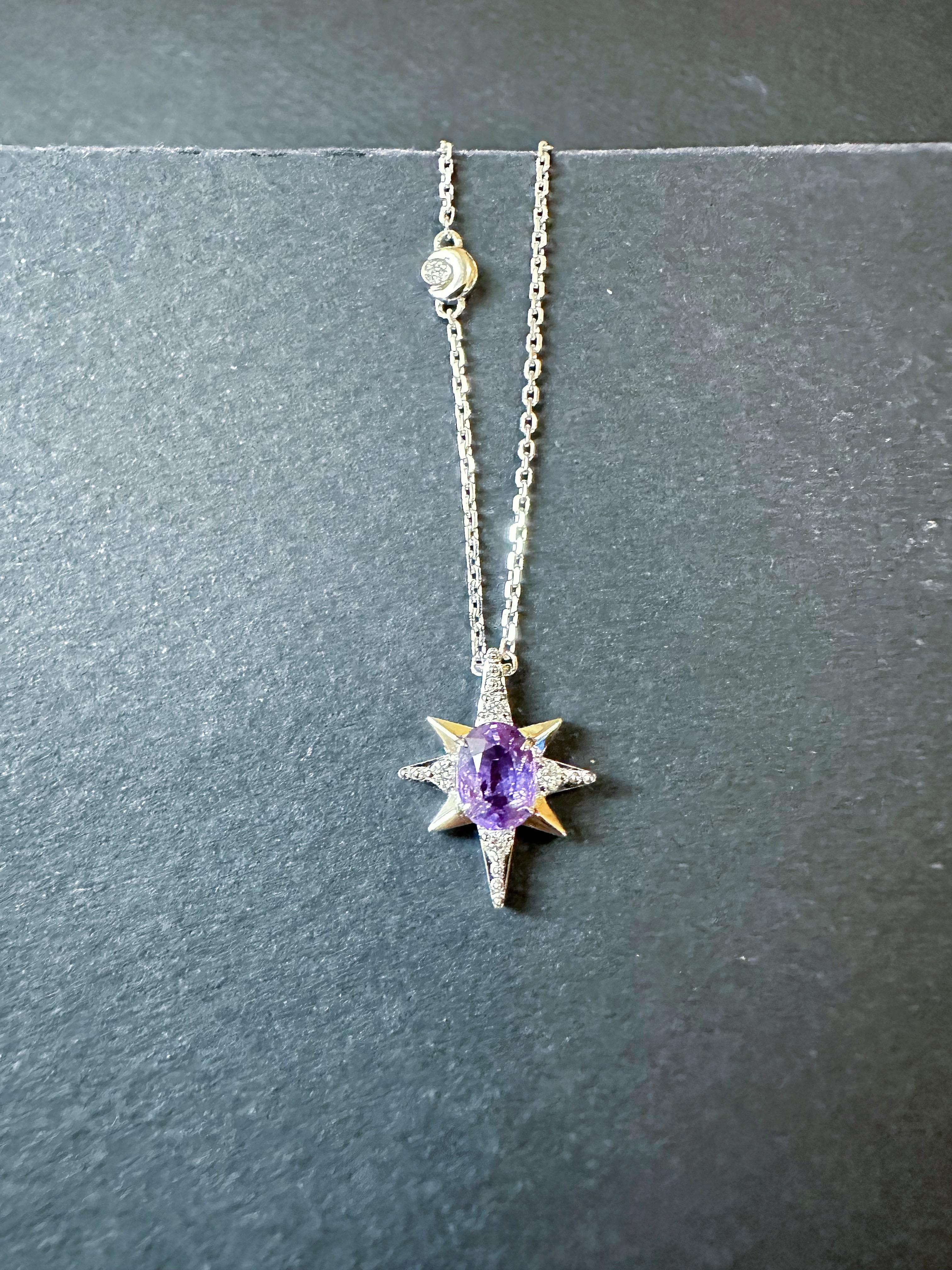 Pendentif étoile en or blanc 18K saphir violet diamant  - M&M certifiée naturelle. Neuf - En vente à Kowloon, HK