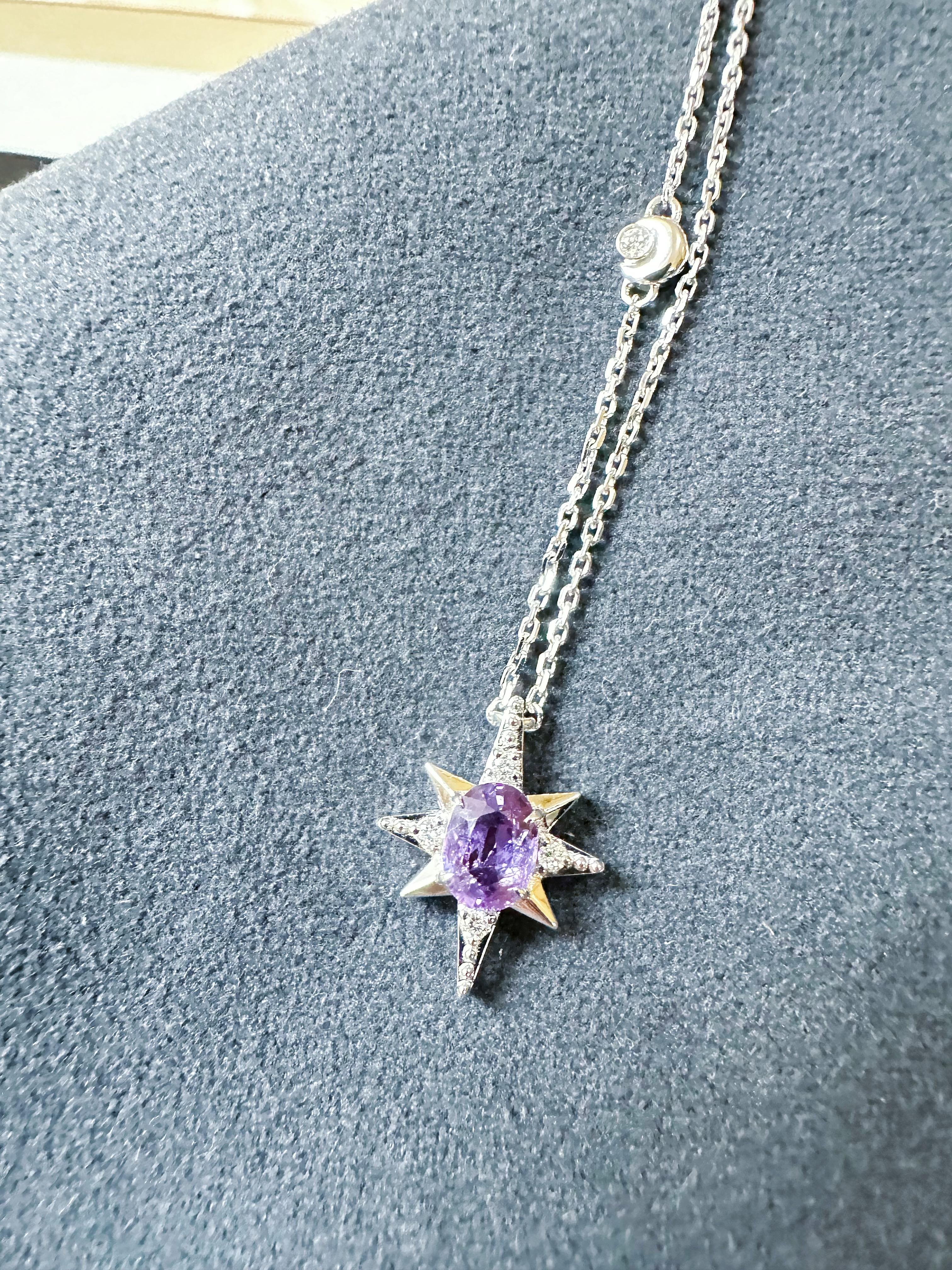 Pendentif étoile en or blanc 18K saphir violet diamant  - M&M certifiée naturelle. Unisexe en vente