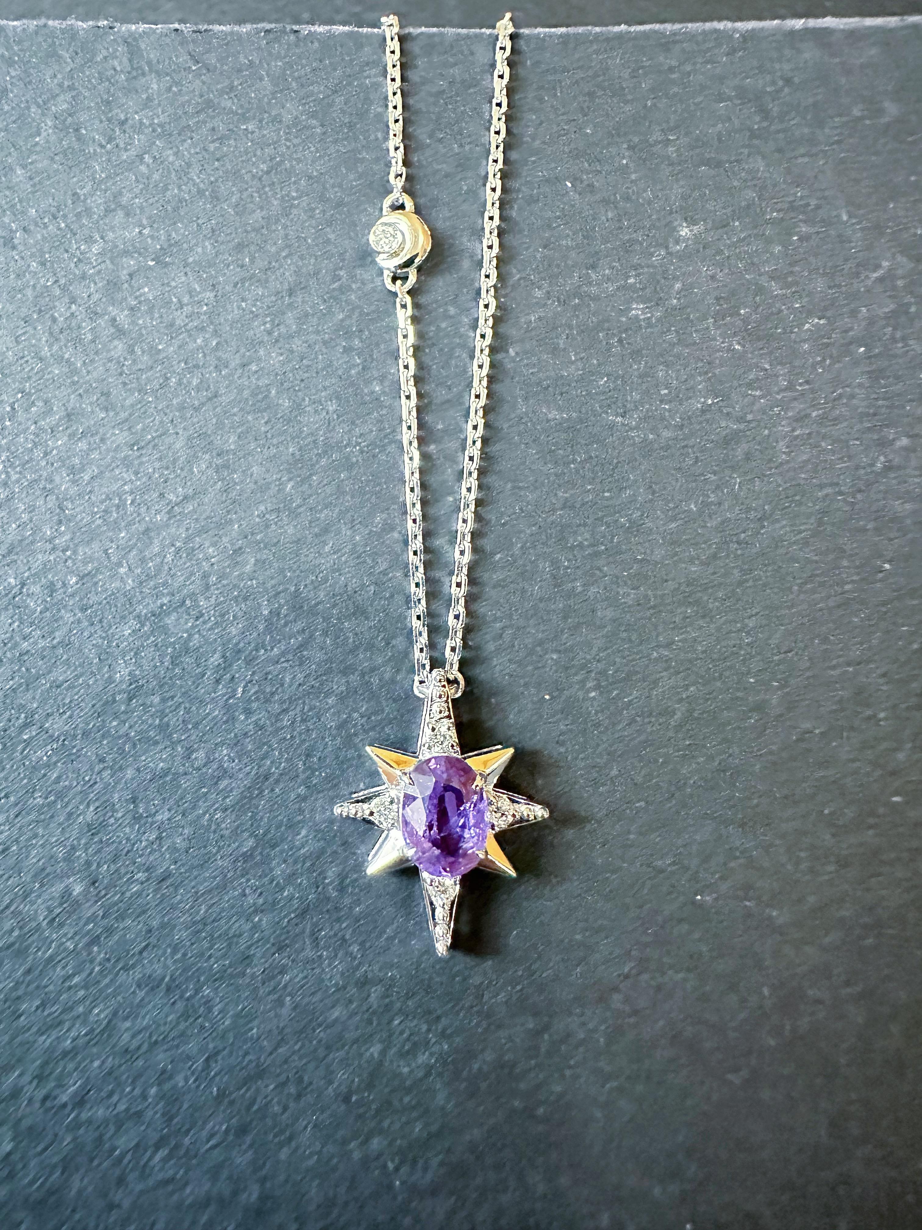 Pendentif étoile en or blanc 18K saphir violet diamant  - M&M certifiée naturelle. en vente 1