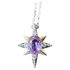 Pendentif étoile en or blanc 18K saphir violet diamant  - M&M certifiée naturelle.