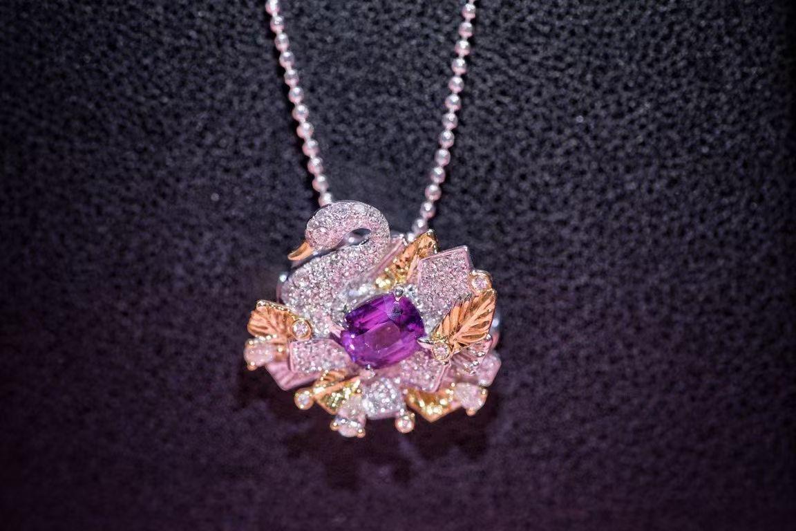 Modern 18K White Gold Purple Sapphire & Diamond 'Swan' Brooch Pendant For Sale
