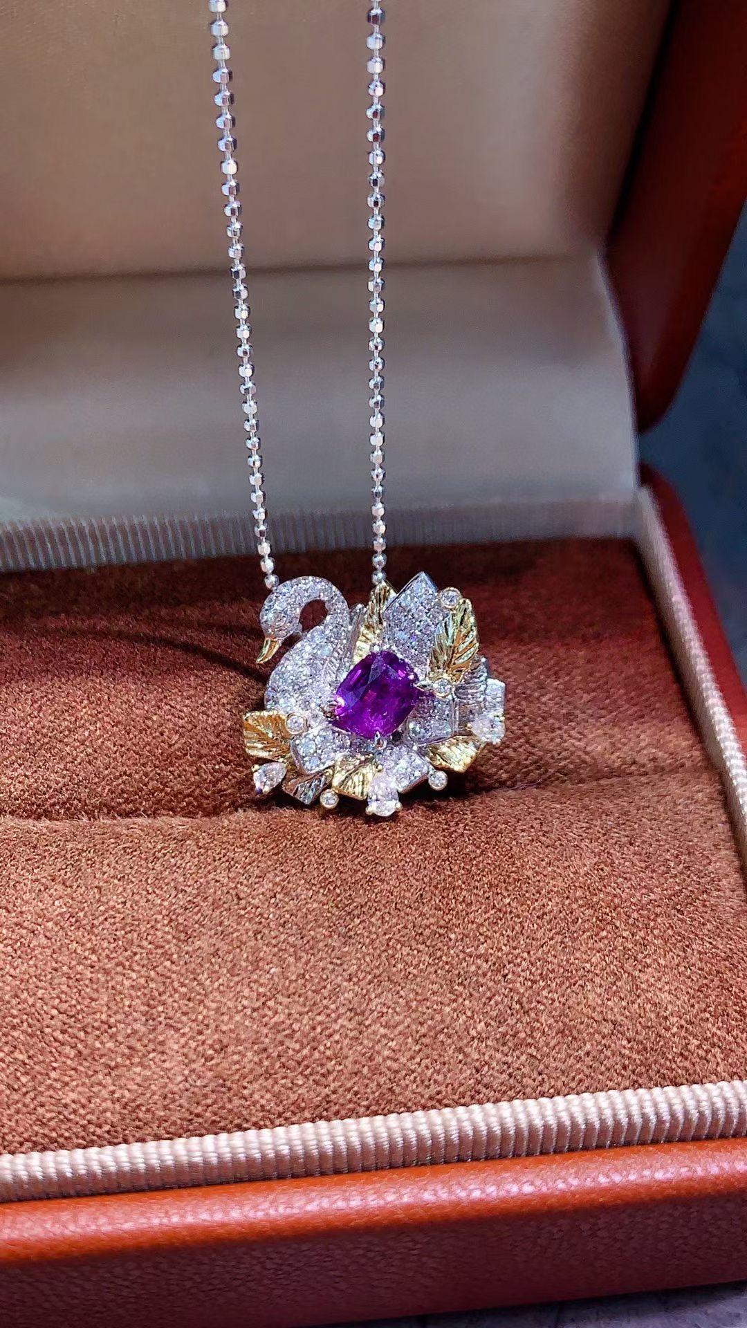 18K White Gold Purple Sapphire & Diamond 'Swan' Brooch Pendant For Sale 2