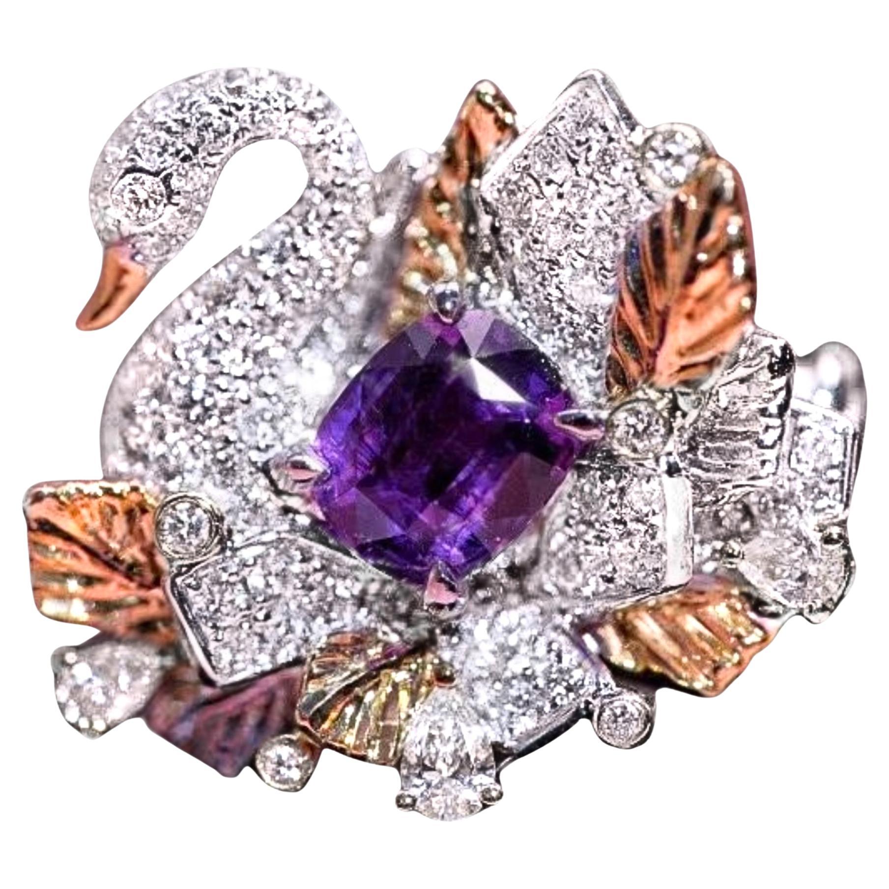 18K White Gold Purple Sapphire & Diamond 'Swan' Brooch Pendant