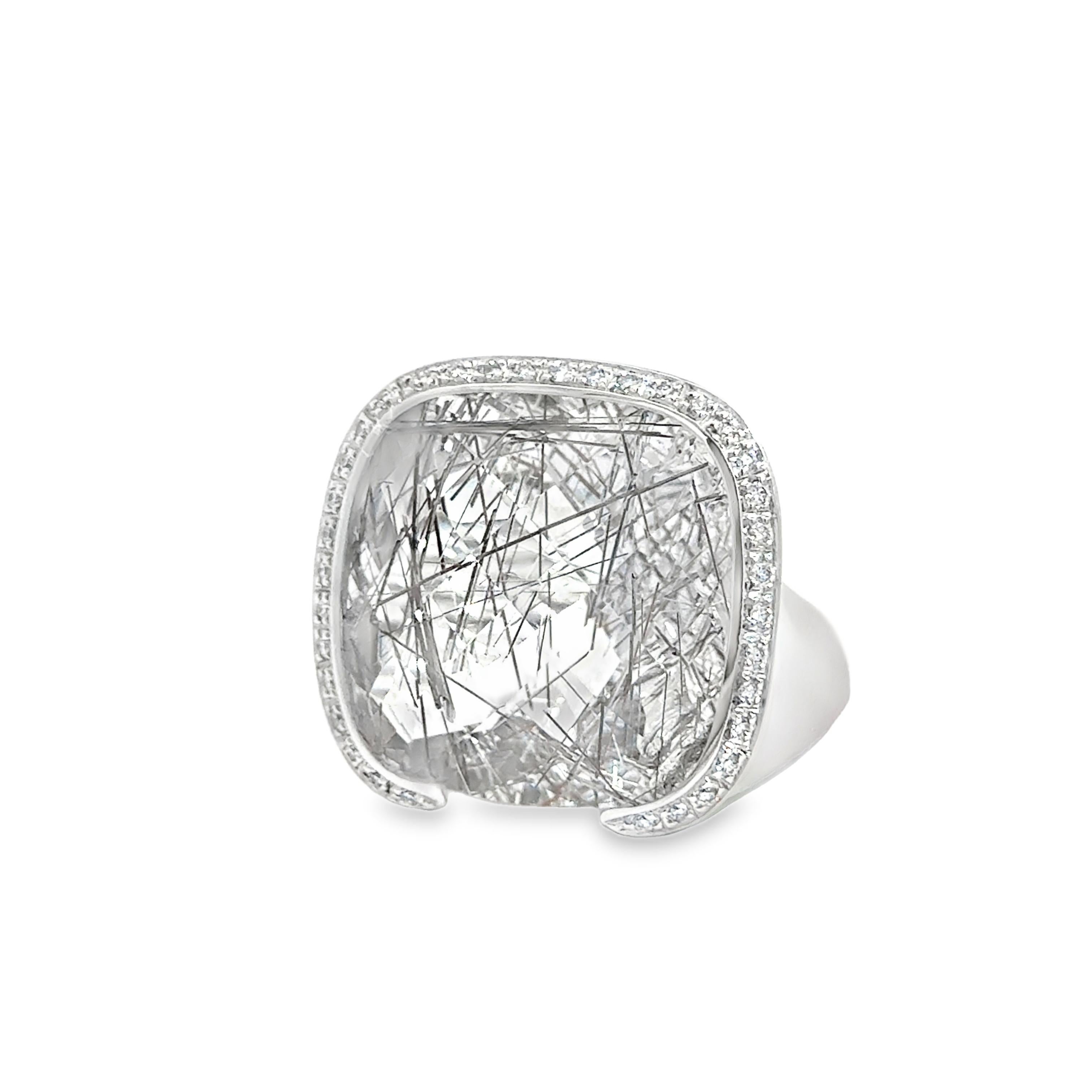 18K Weißgold Quarz und Diamant Statement Ring (Kissenschliff) im Angebot