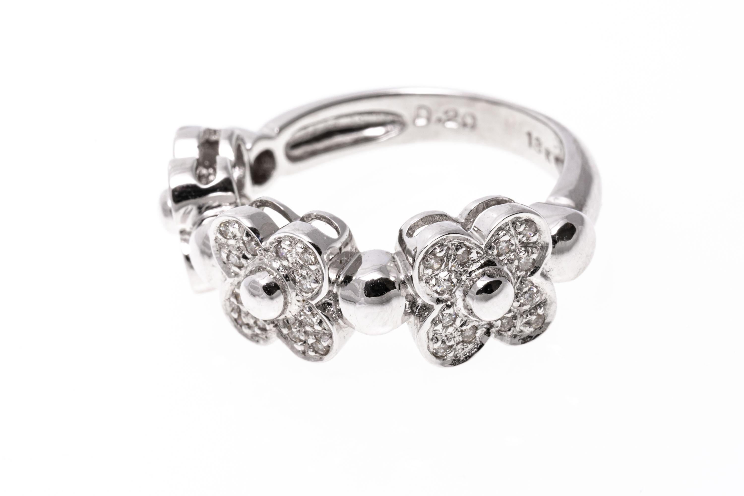 Round Cut 18k White Gold Quatrefoil Flower Motif Band Ring With Pave Diamonds, Size 6.75 For Sale