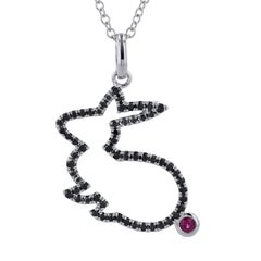 18K White Gold Rabbit with Carrot Black Diamond Ruby Necklace