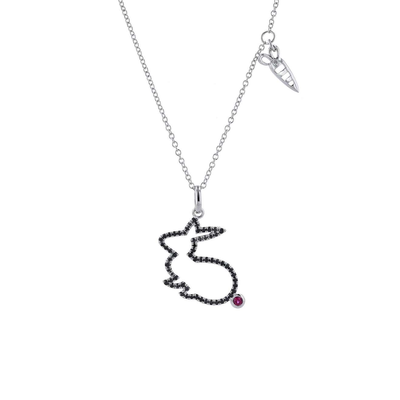 18K White Gold Rabbit with Carrot Black Diamond Ruby Necklace