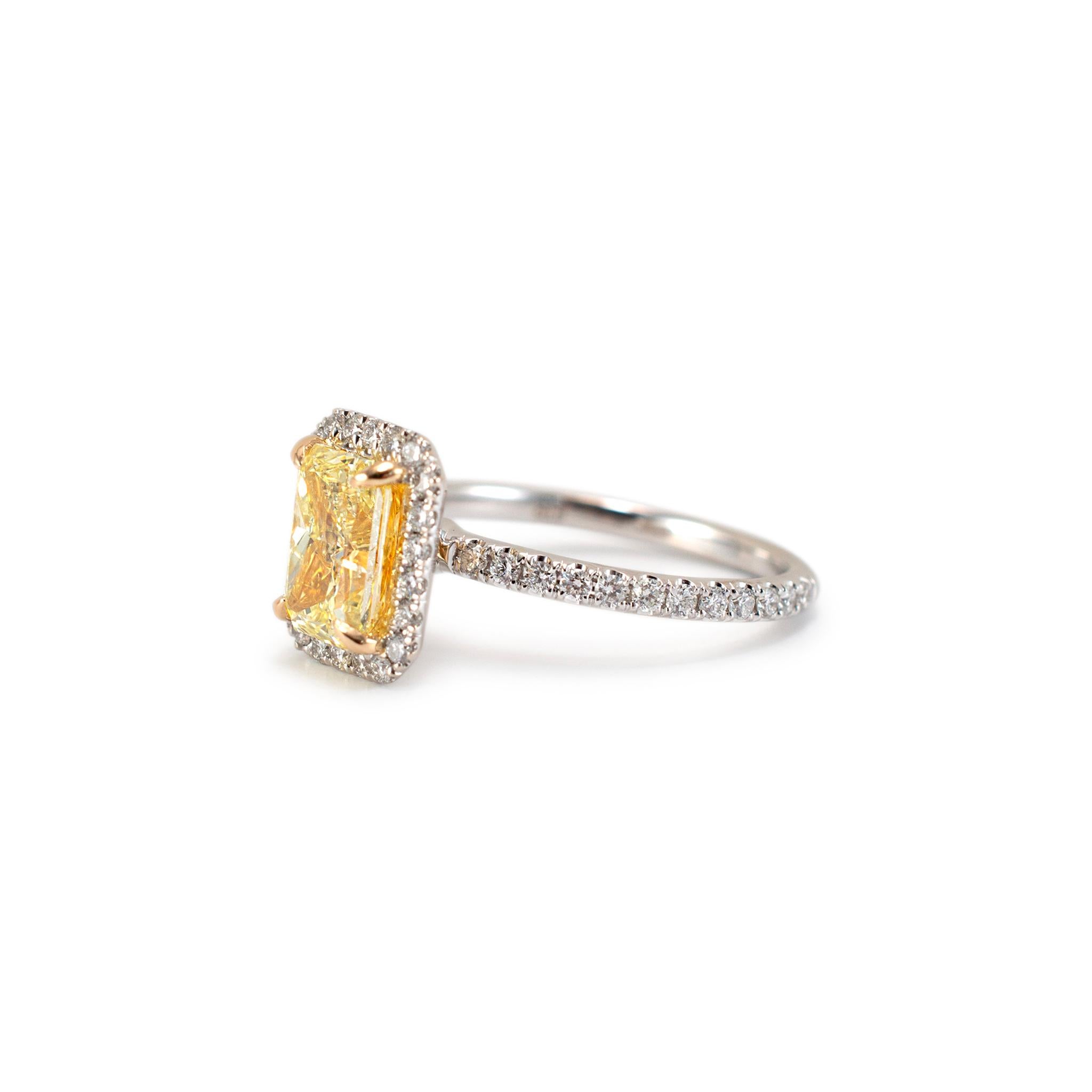 Emerald Cut 18K White Gold Radiant Cut GIA Fancy Yellow Diamond Halo White Engagement Ring For Sale